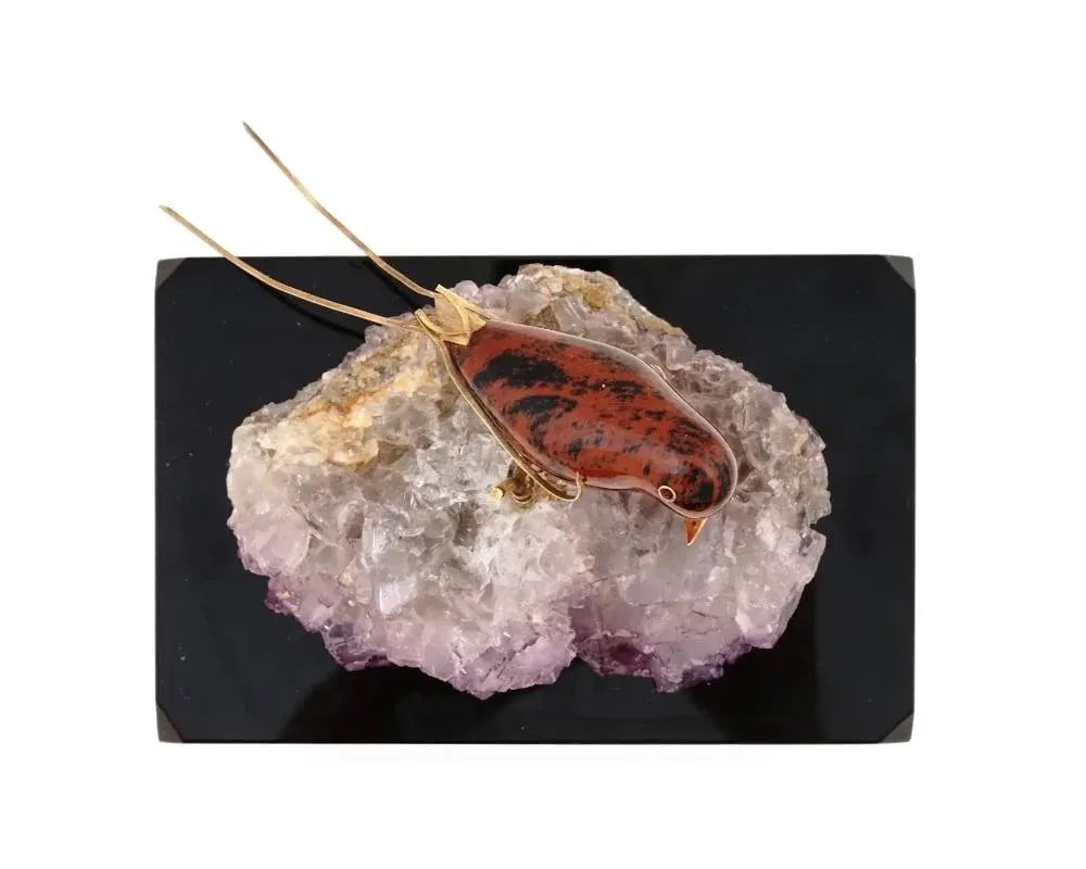 Vintage Jasper Bird With Gold Mounts on Amethyst Base - 6