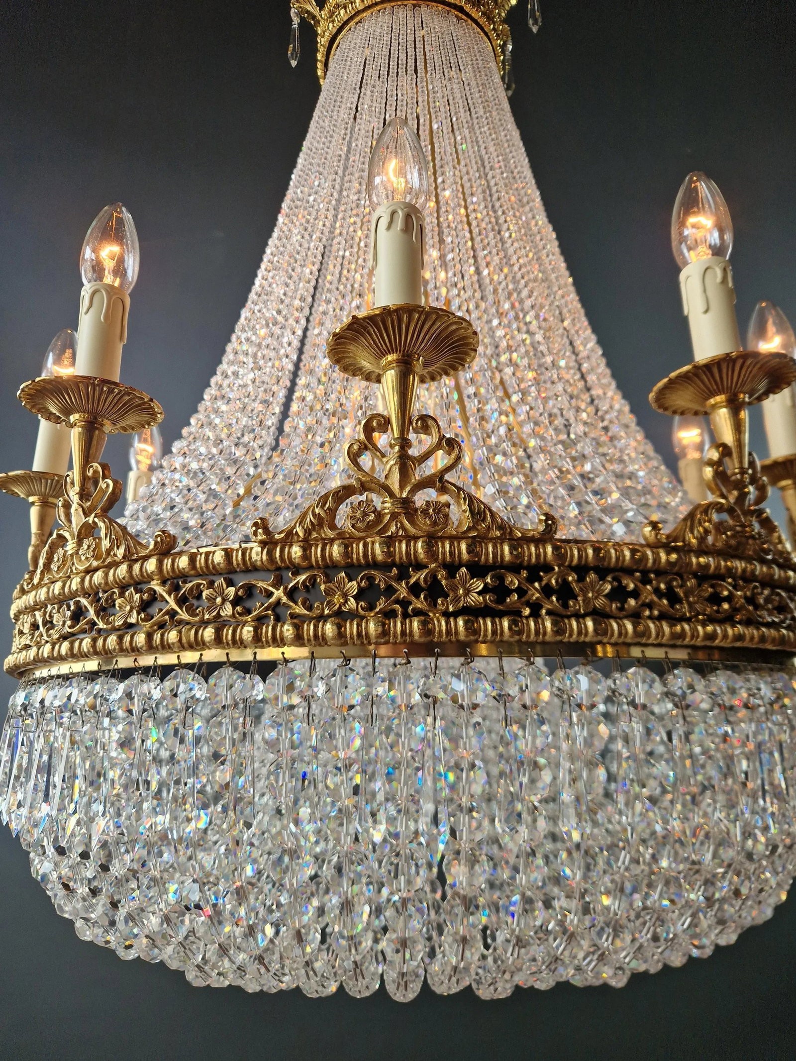 21st Century Brass Basket Empire Sac a Pearl Chandelier Beaded Crystal Lustre Lamp Antique - 8