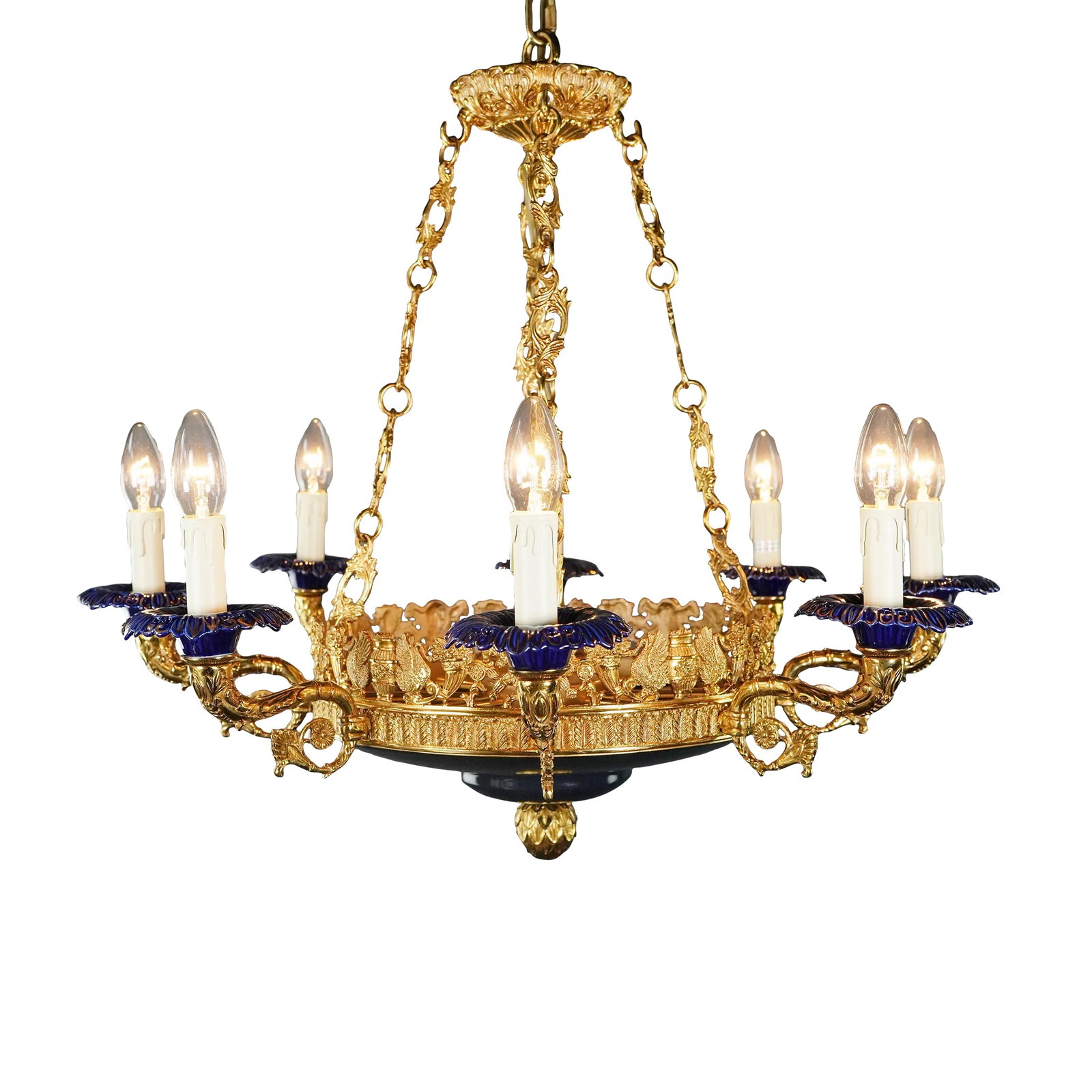 21st Century Art Deco Style Peacock Bird French Brass Empire Chandelier in Antique Gold: Introducing a stunning brass baroque empire chandelier reminiscent of the classic style of the empire era. This is a new reproduction and there are several available to ensure you can bring this class