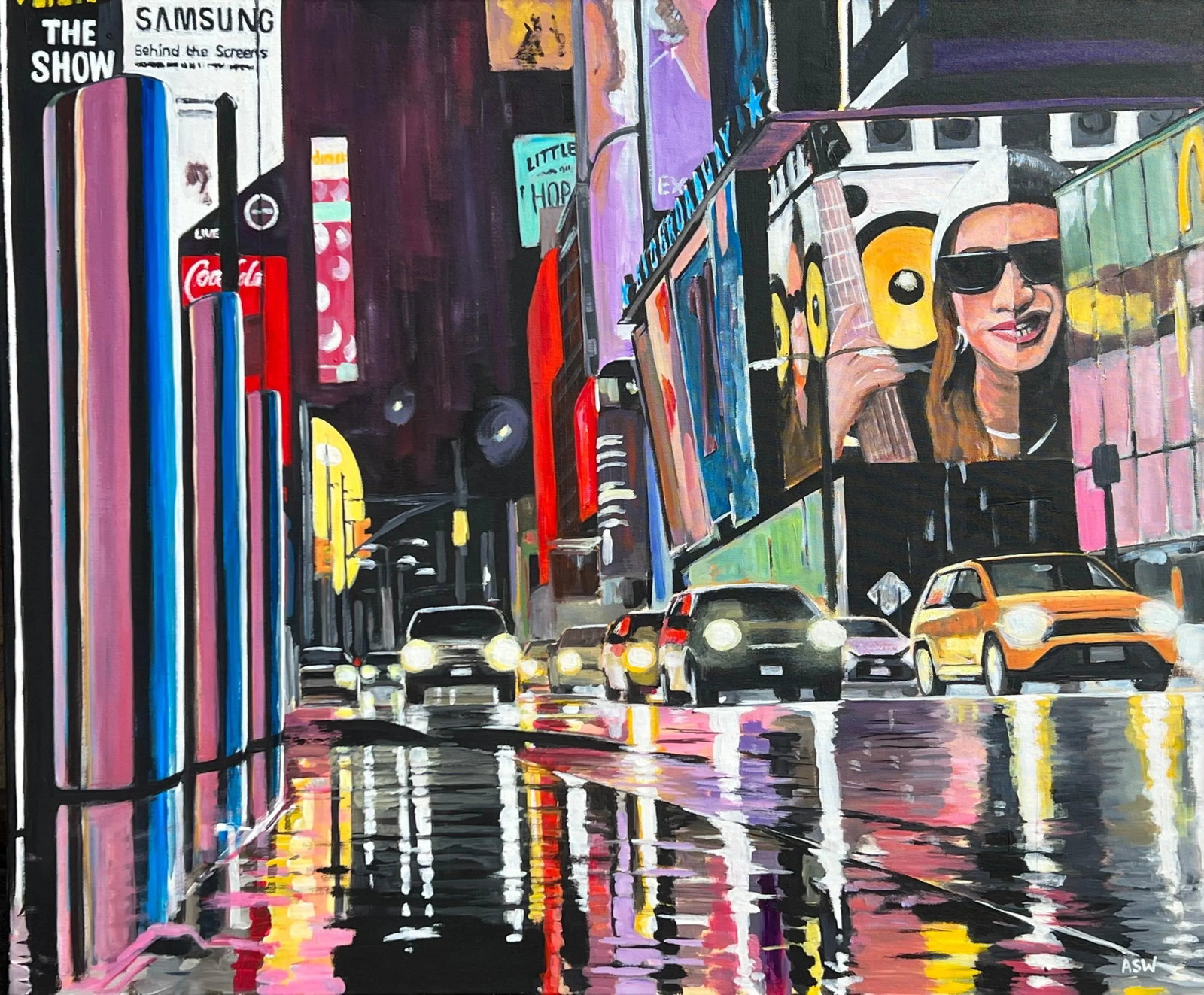 Painting of Broadway New York City Street Scene After the Rain - Unique Original Art by British Arti: Original Painting of a Contemporary Broadway New York City Street Scene after the Rain by British Urban Landscape Artist, Angela Wakefield. This is a major work to continue her epic New York Series