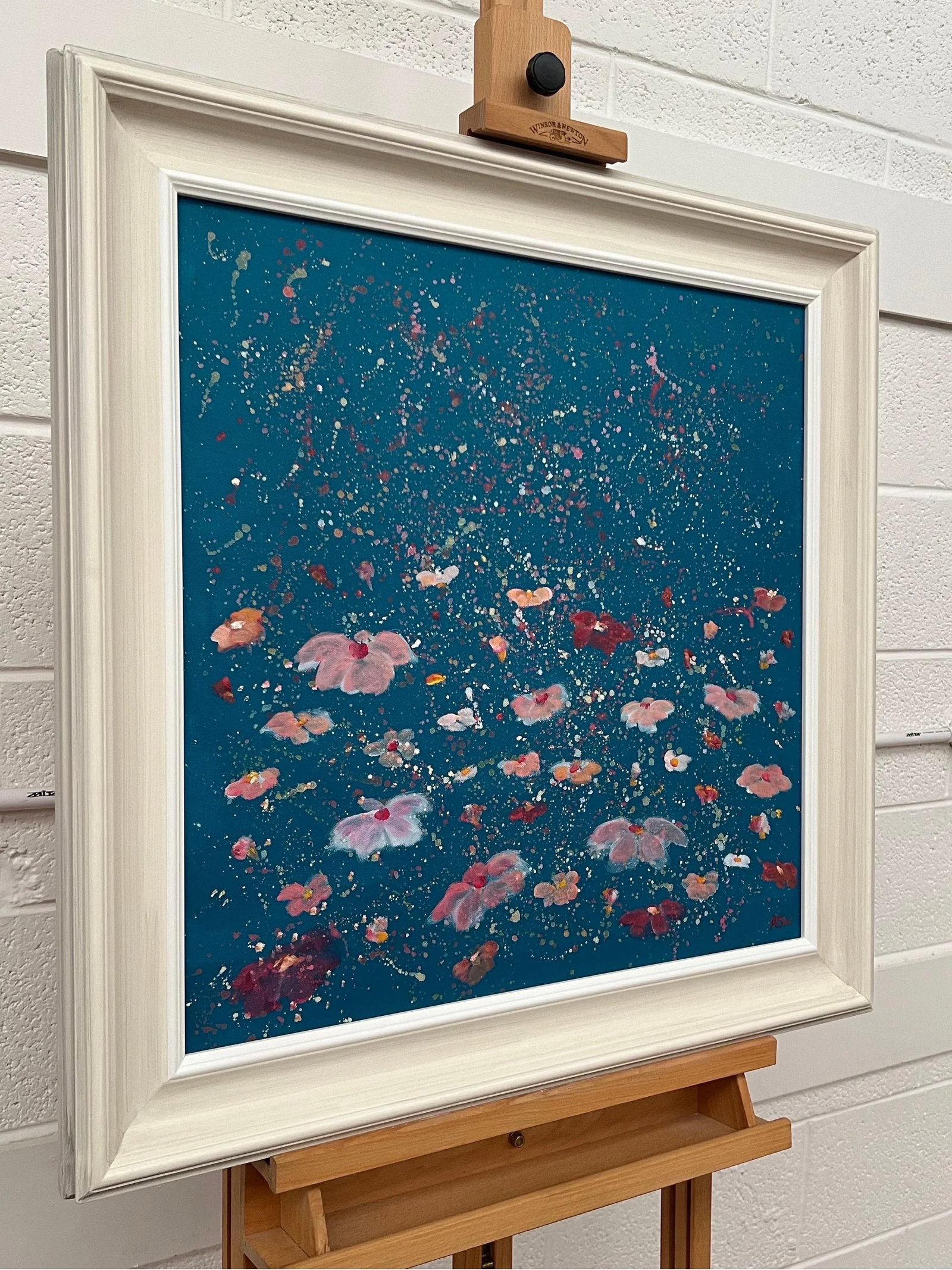 Abstract Landscape Painting With Pink Flowers on a Deep Blue Turquoise Background - Unique Original - 2