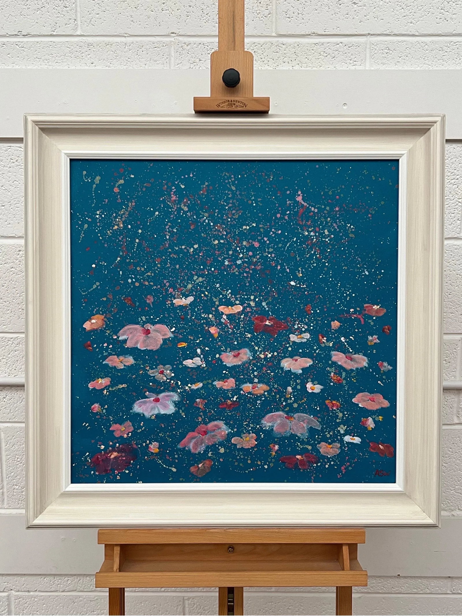 Abstract Landscape Painting With Pink Flowers on a Deep Blue Turquoise Background - Unique Original - 3
