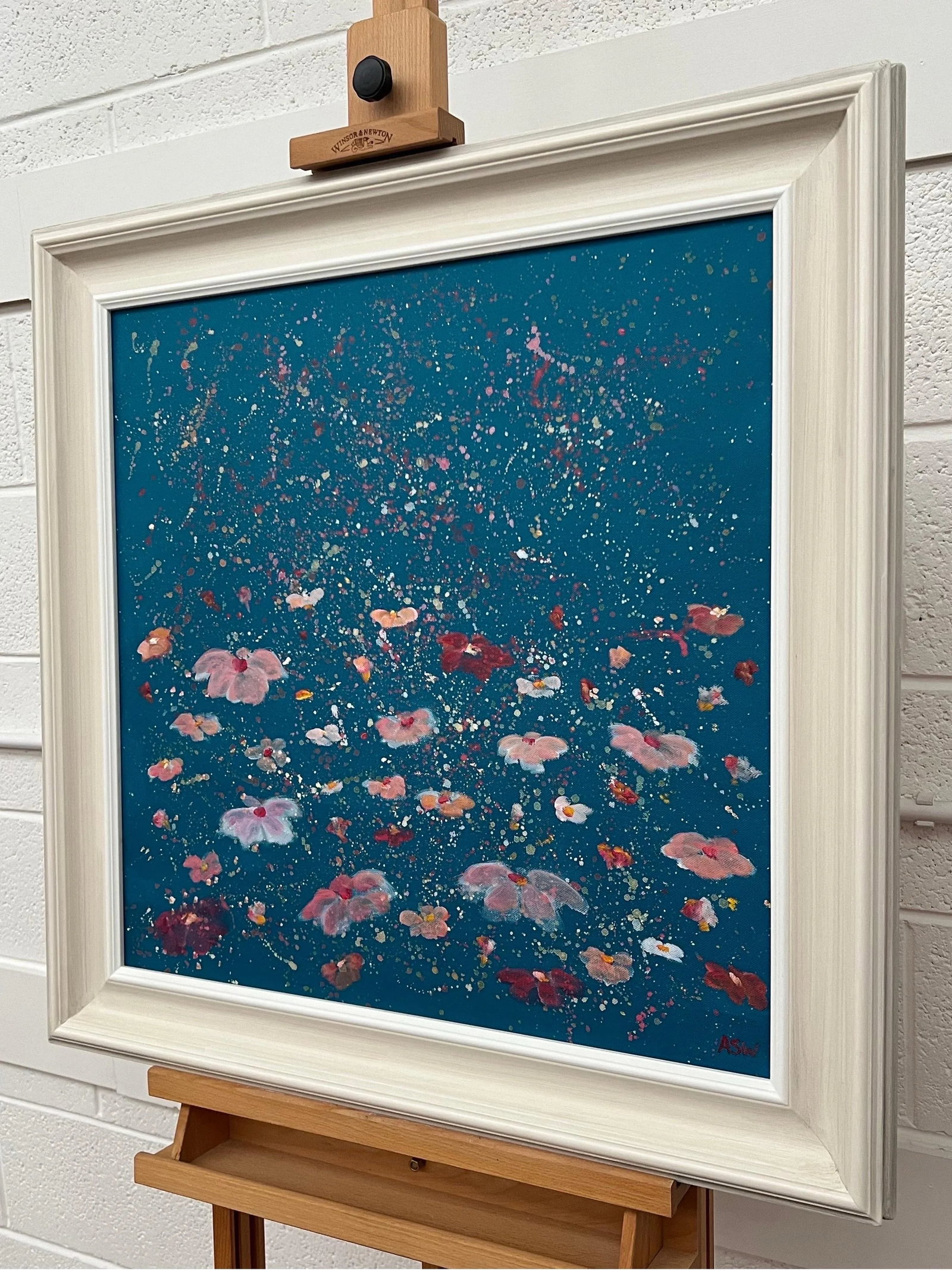 Abstract Landscape Painting With Pink Flowers on a Deep Blue Turquoise Background - Unique Original - 4