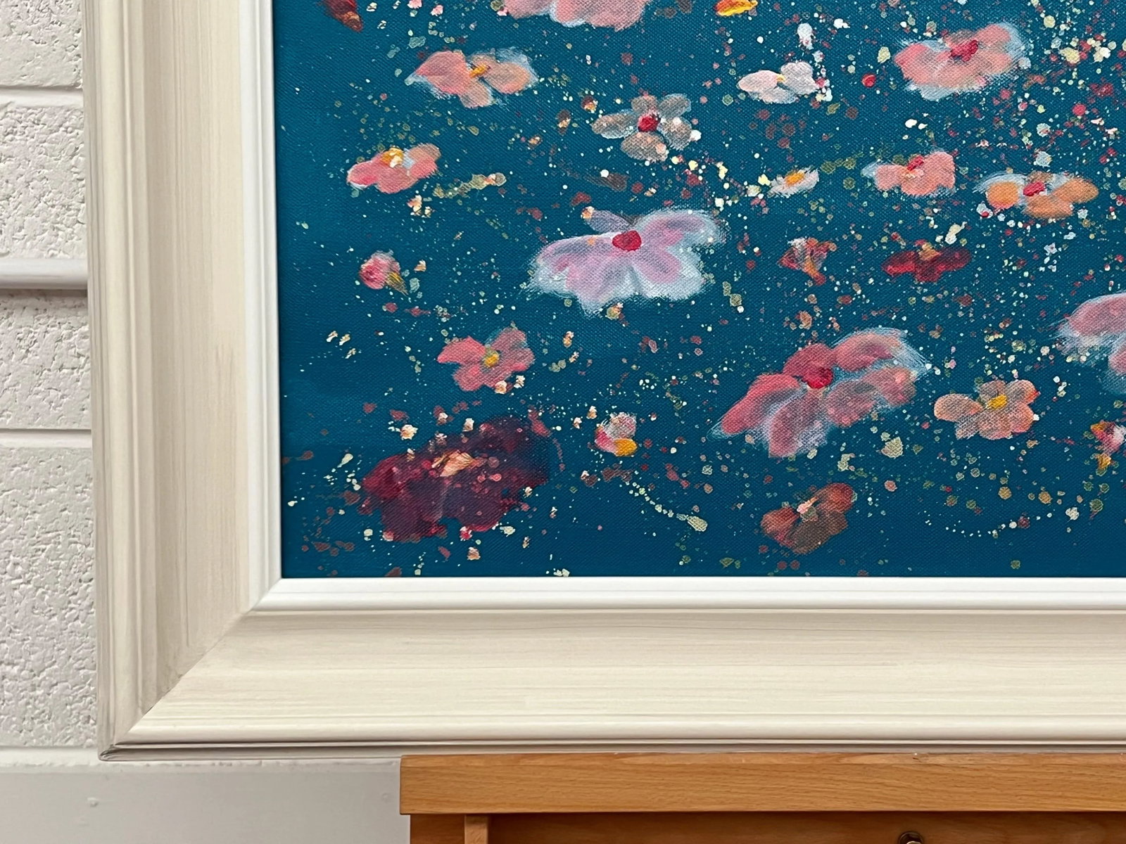 Abstract Landscape Painting With Pink Flowers on a Deep Blue Turquoise Background - Unique Original - 7