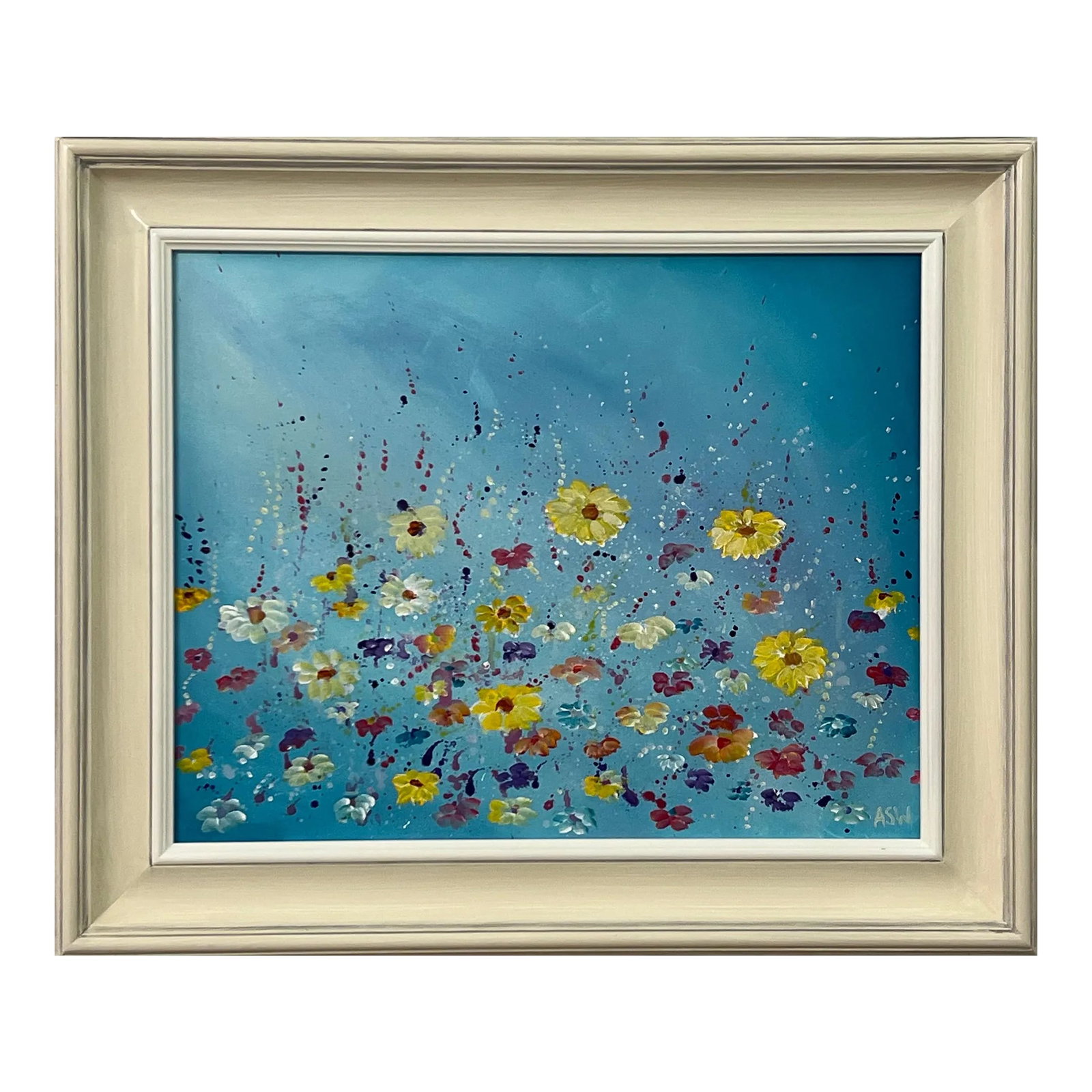 Angela Wakefield Abstract Lilac Turquoise Red Pink & Green Canvas Art by Contemporary Artist, 2023: Abstract Lilac Turquoise Red Pink & Green Canvas Art by British Contemporary Artist, Angela Wakefield. This original is from the 'Spring Burst' Interior Design Series. Framed in the highest quality