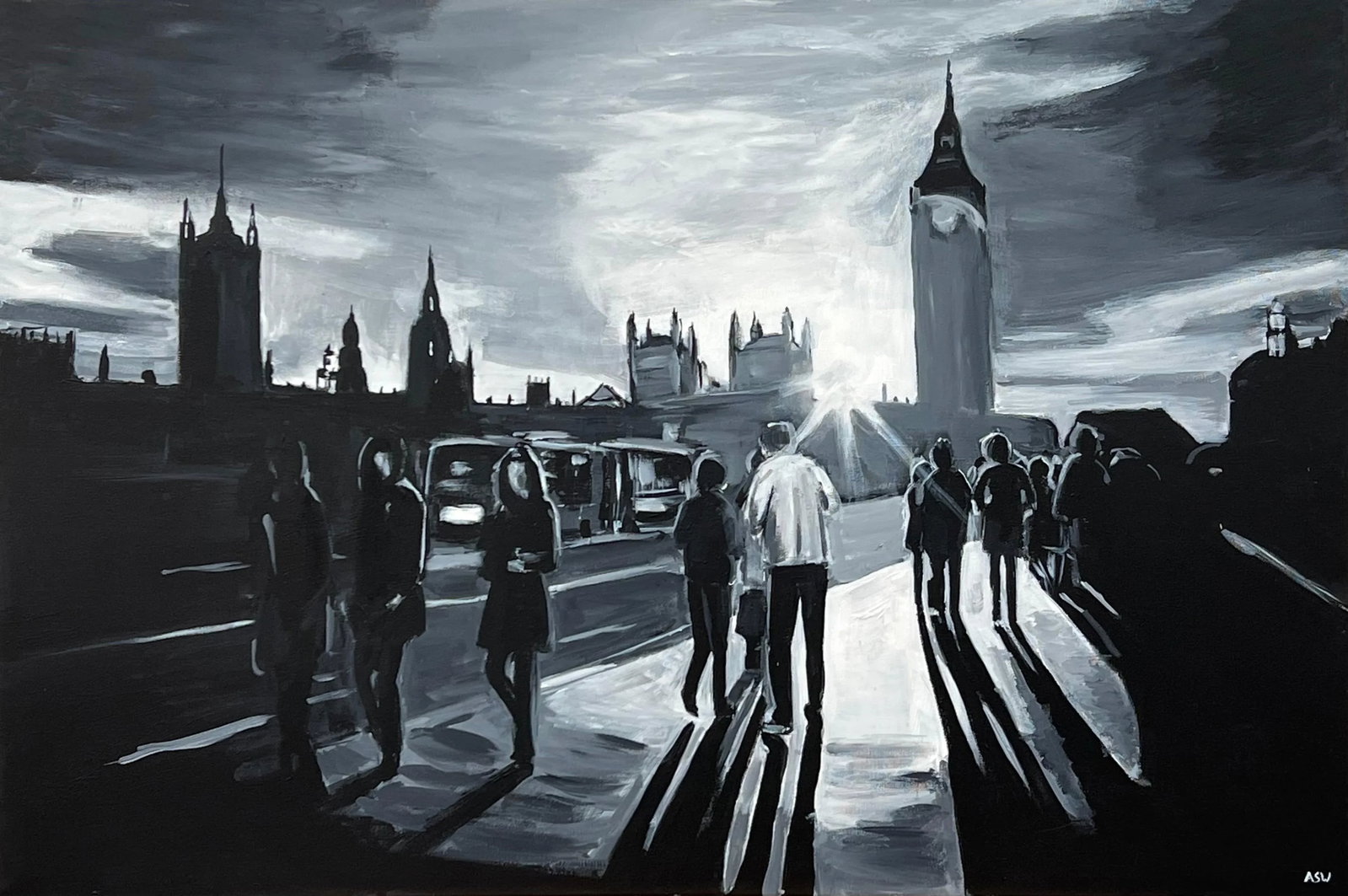 Black & White Painting of Westminster Bridge in London - Unique Original Art by British Urban Landsc: Black & White Painting of Figures at Westminster Bridge in London - a unique original from leading British Urban Landscape & Cityscape Artist, Angela Wakefield. Art measures 36 x 24 inches Angela