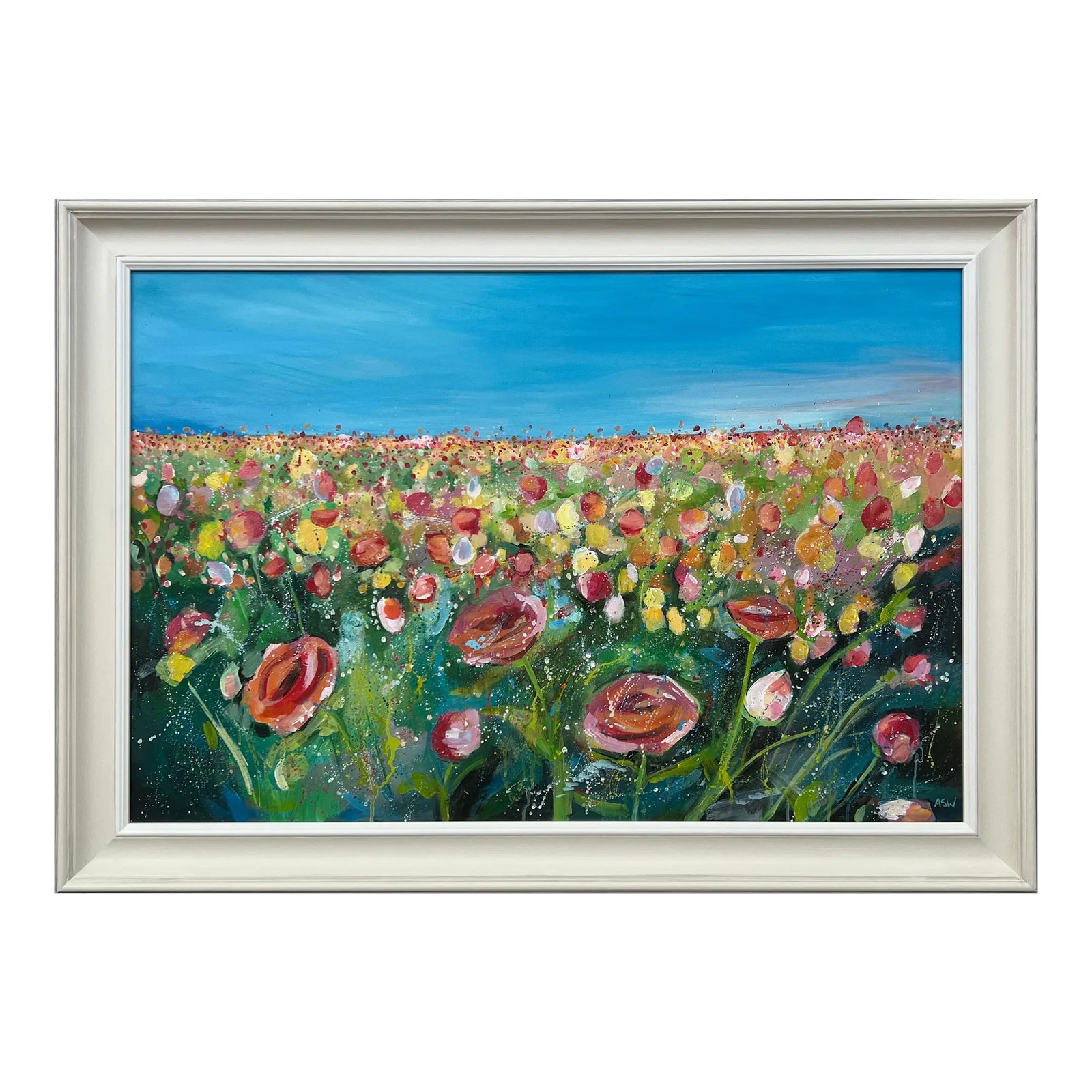 English Meadow Landscape With Wild Red Flowers by Contemporary British Artist: English Meadow Landscape with Wild Red Flowers by Contemporary British Artist, Angela Wakefield. Art measures 36 x 24 inches Frame measures 42 x 30 inches Presented in the highest quality
