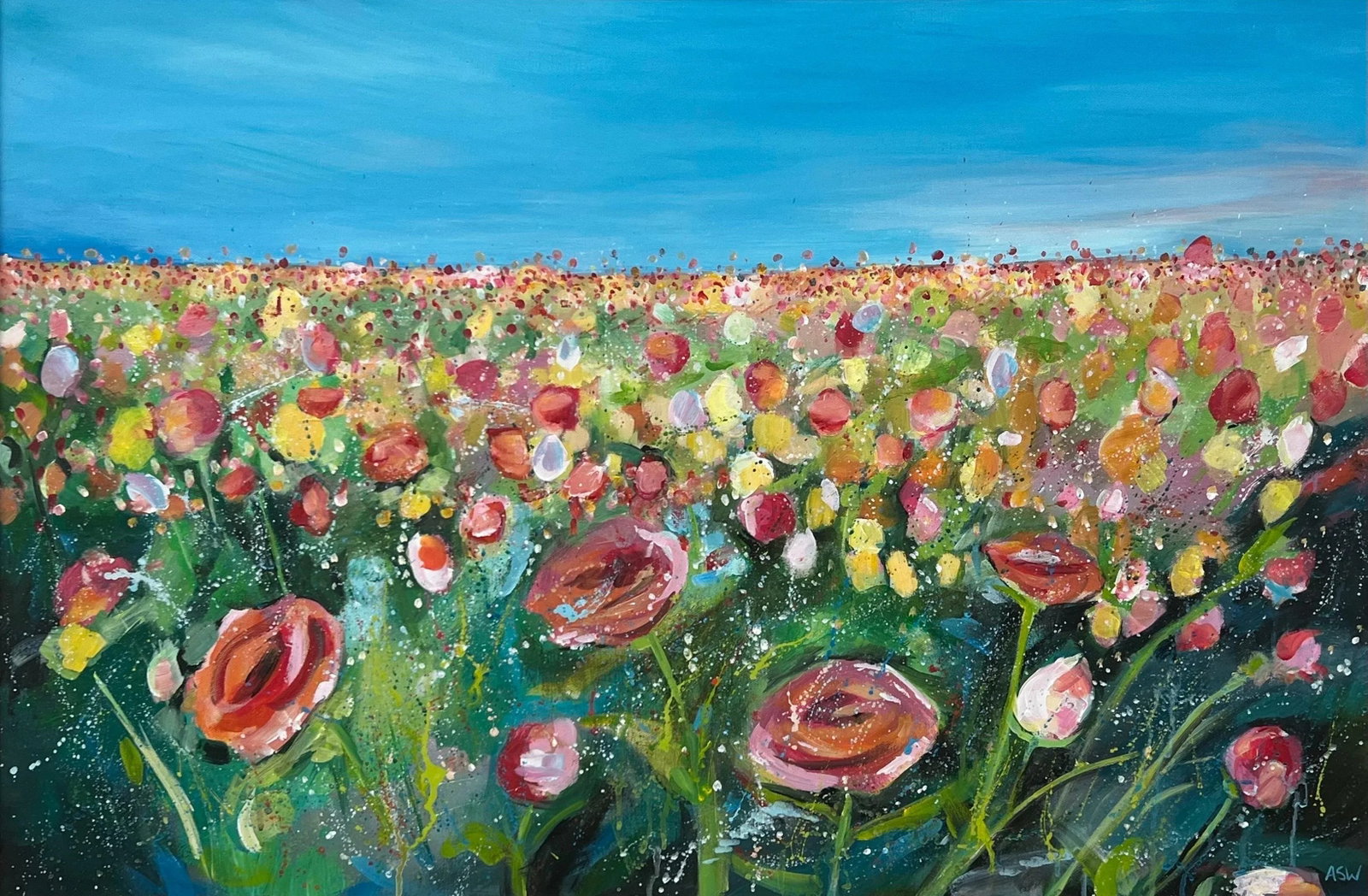 English Meadow Landscape With Wild Red Flowers by Contemporary British Artist - 7