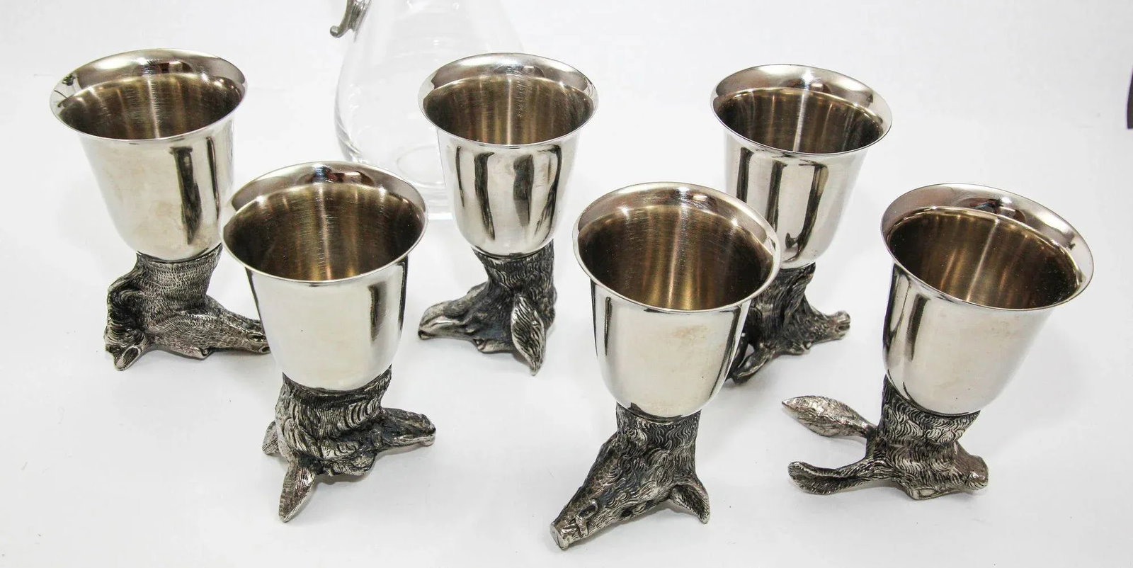 Set of 6 Silver Stirrup Cups Goblets Animal Heads With Wine Decanter Italy 1970s - 6