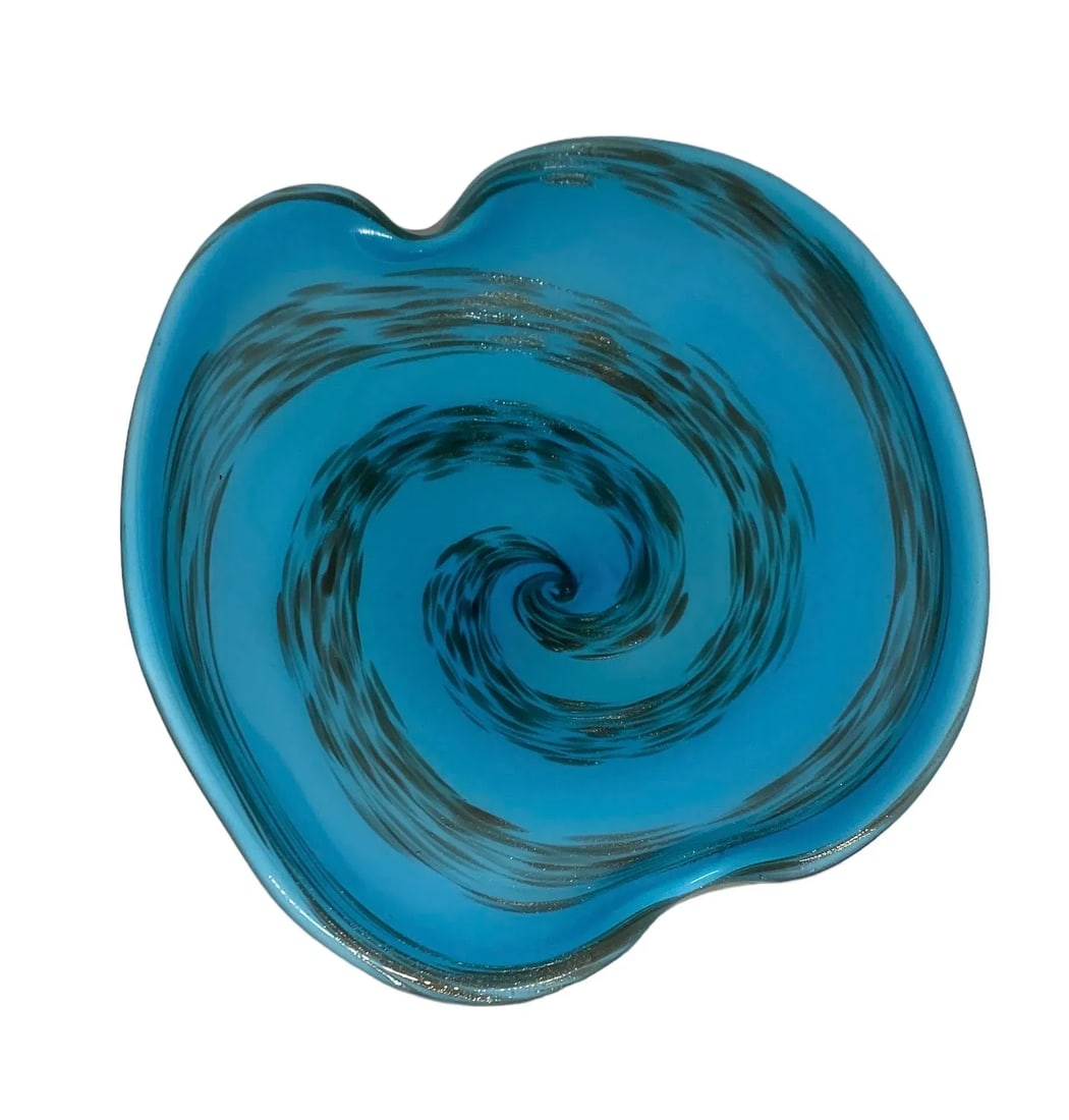 Mid 20th Century Murano Style Modern Aqua Art Glass Amoeba Oval Shape With Silver and Bronze Swirl D - 2