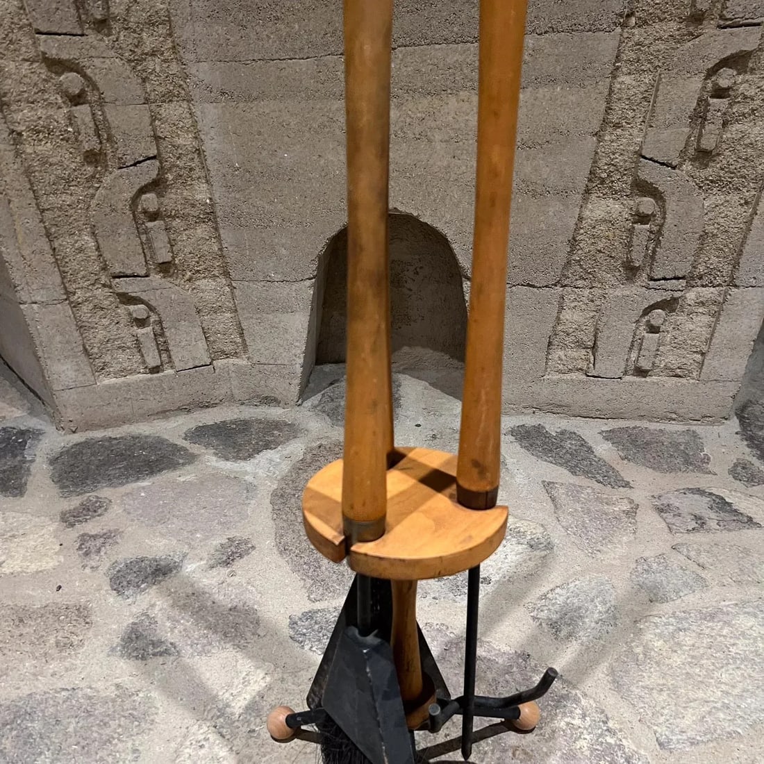 1960s Arthur Umanoff Round Fireplace Tool Set Maple Wood - 4