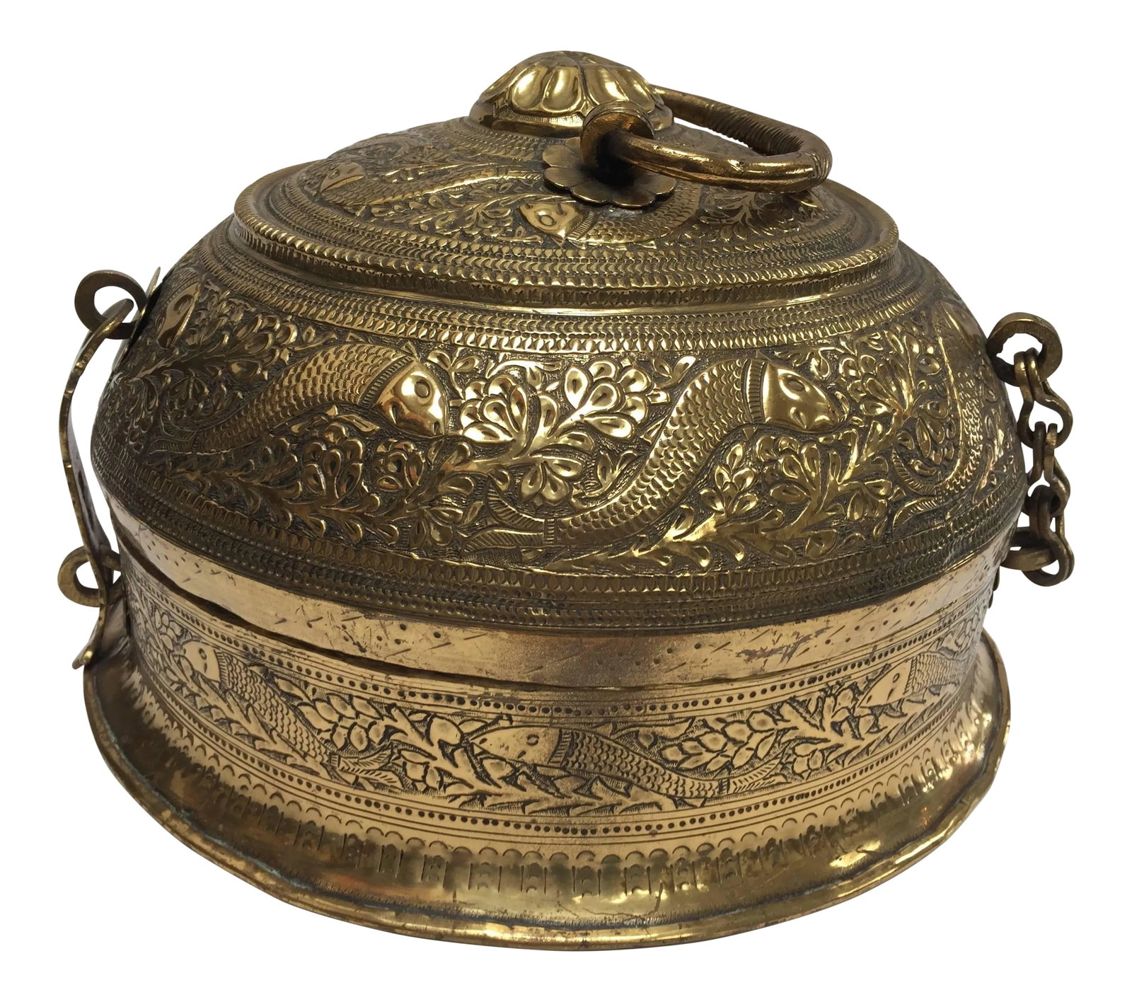 Mid 19th Century Decorative Large Round Anglo-Indian Brass Box Tea Caddy: Beautiful hand-crafted decorative round bronze Anglo-Indian box with lid, latch and handle delicately and intricately hand-hammered with repousse floral and fishes designs. 19th century large