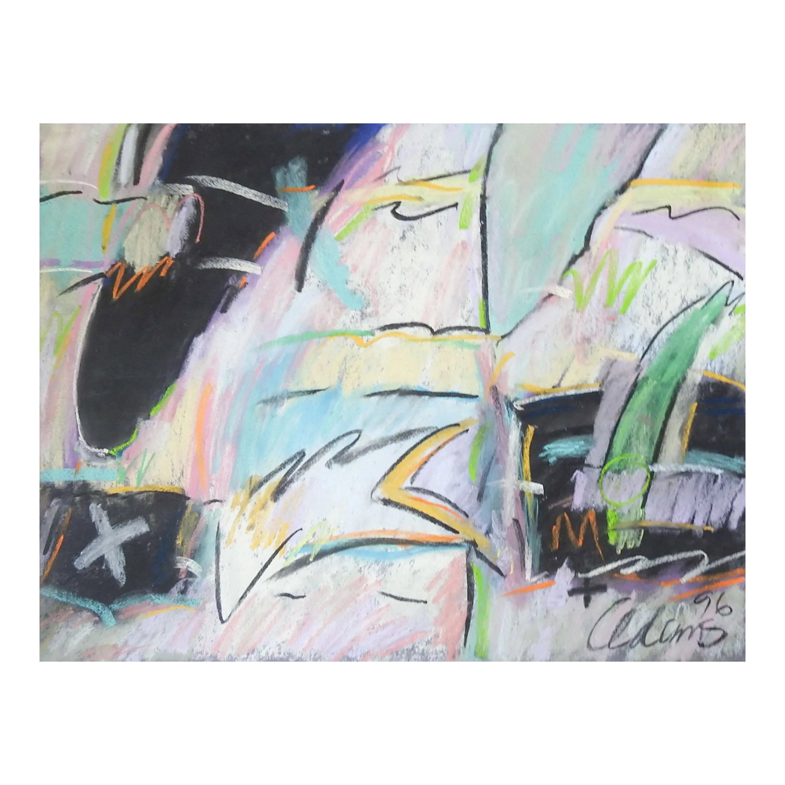 Abstract Expressionist Jerry Adams Pink, Turquoise & Black Pastel Painting: Abstract Expressionist pink, turquoise, yellow & black pastel on paper painting by Jerry Adams (20th-21st century) Texas . Signed and dated 1996 lower edge . Unframed. Condition: Alterations: