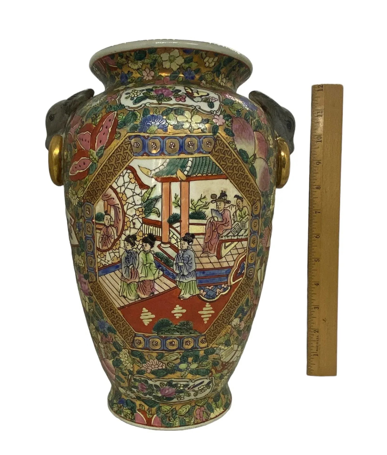 Late 20th Century Chinese Hand-Painted Porcelain Urn Vases With Bull Head Handles Design - a Pair - 11