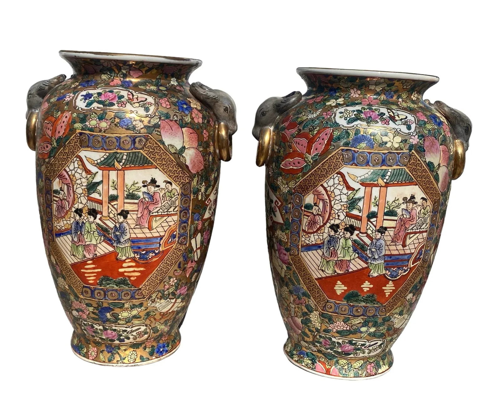 Late 20th Century Chinese Hand-Painted Porcelain Urn Vases With Bull Head Handles Design - a Pair - 12