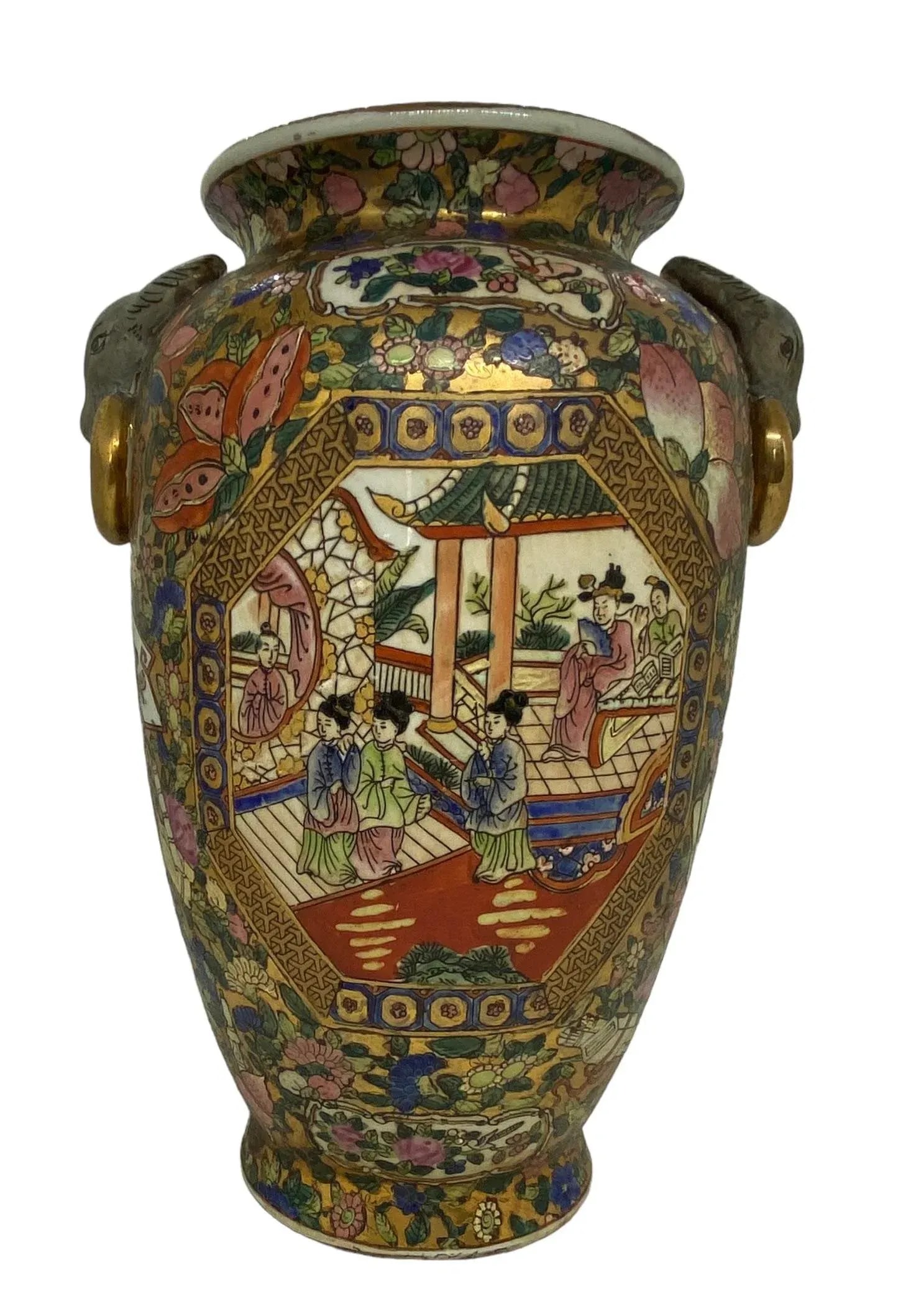 Late 20th Century Chinese Hand-Painted Porcelain Urn Vases With Bull Head Handles Design - a Pair - 8