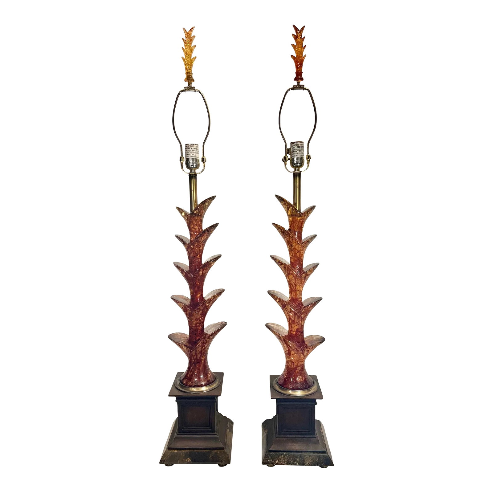 Vintage Mid-Century Tony Duquette Style French Red and Gold Leaf Lucite Table Lamps on Marble Bases: These Vintage Mid-Century Tony Duquette Style Red and Gold Leaf Lucite Lamps on Marble Bases are truly remarkable pieces. With their impressive weight of over 13lbs and towering height of 41", they co