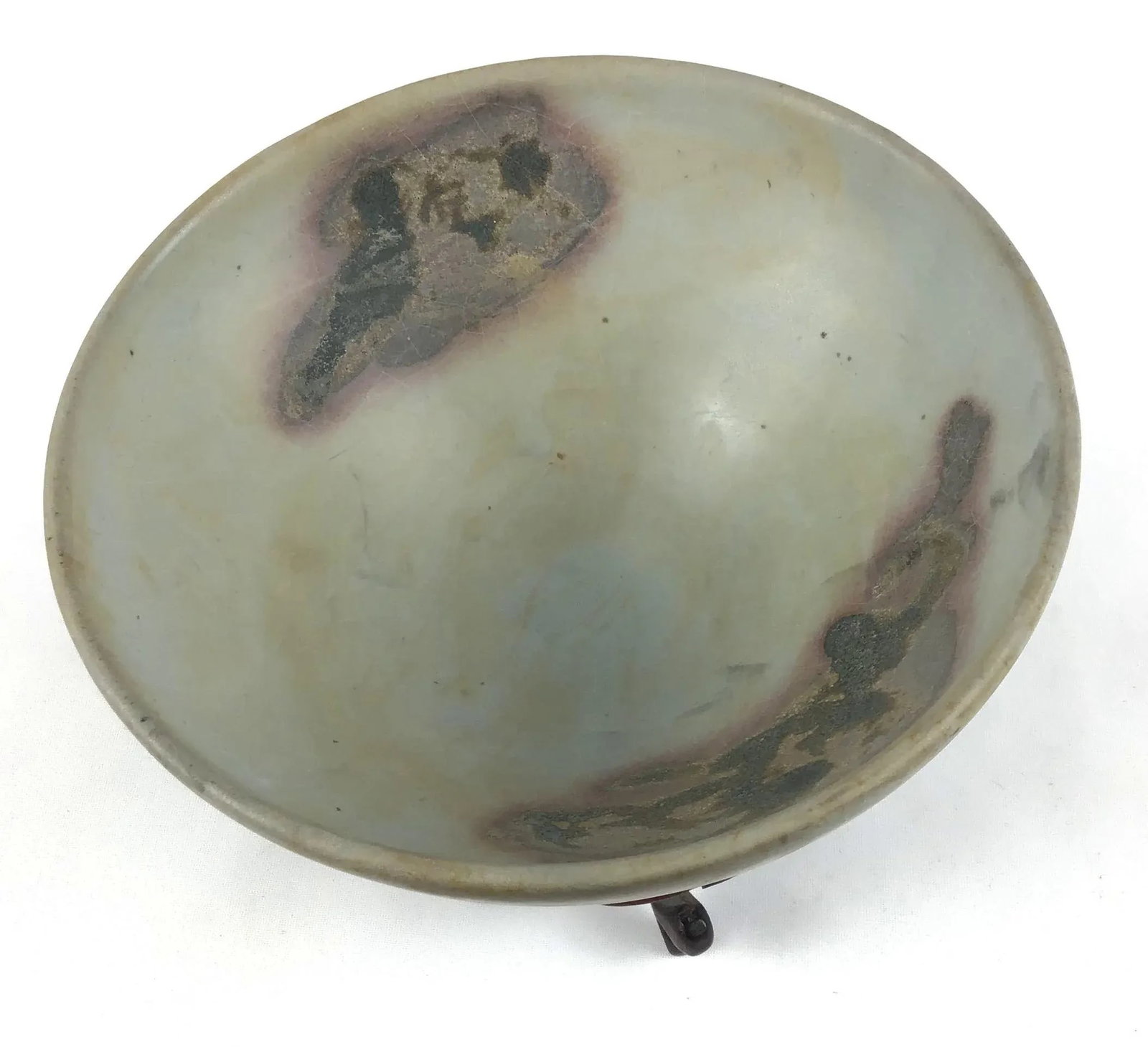 Chinese Junyao Style Oxidized Copper Pottery Bowl on Carved Rosewood Stand - 6