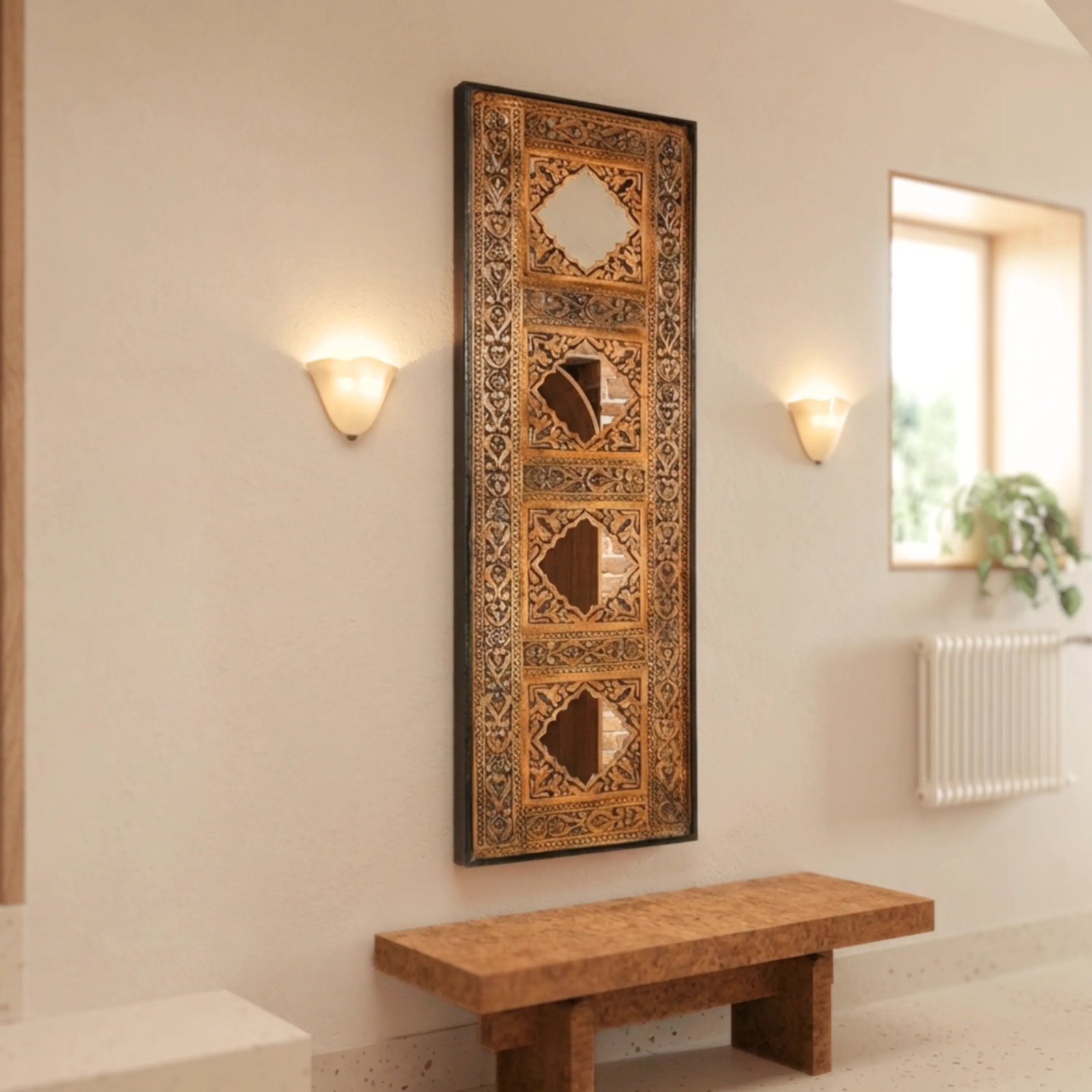 Hand Carved Vintage Panel Accented With Mirrors Ornate Wall Hanging Panel - 2