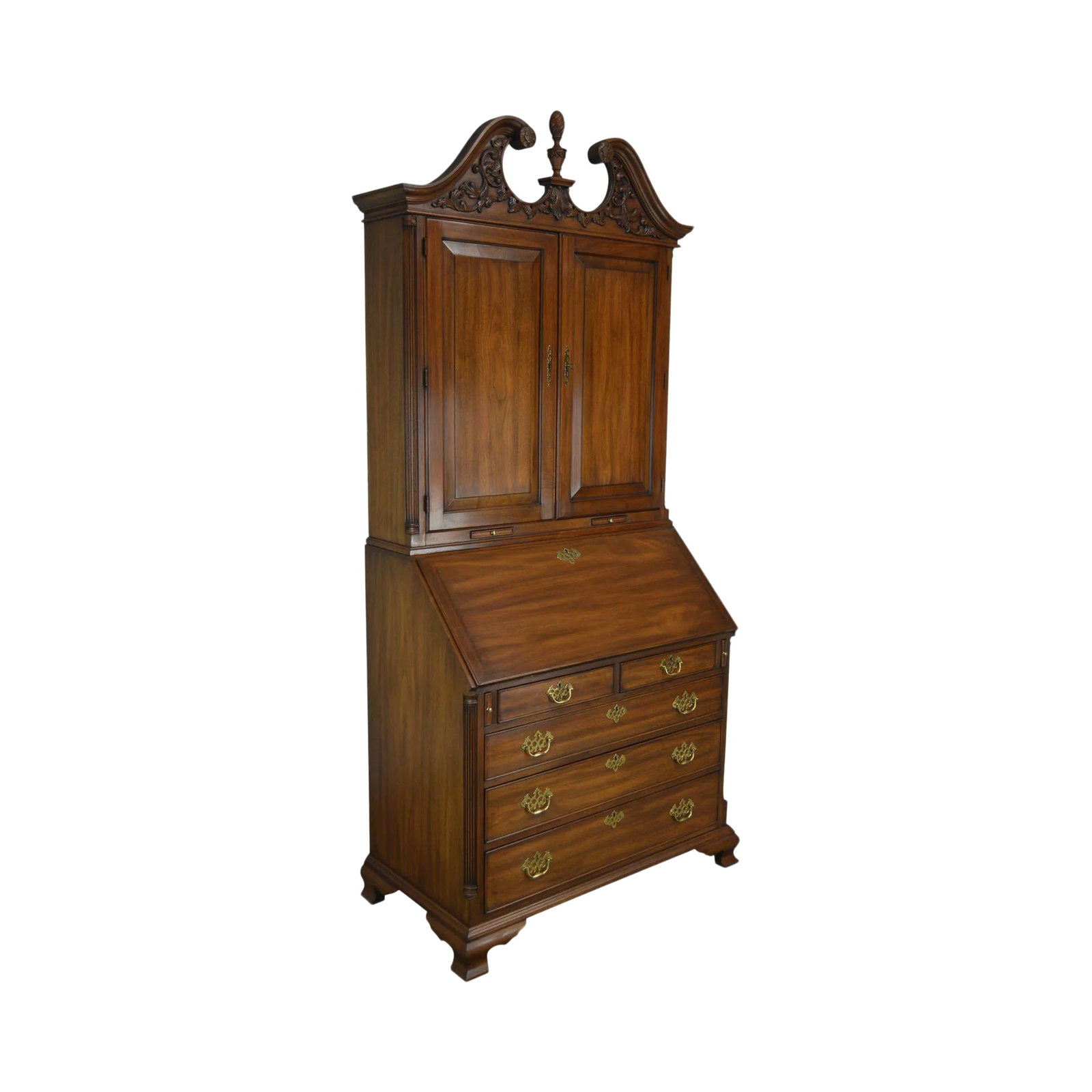 Henkel Harris Chippendale Style Carved Walnut Blind Door Secretary Desk: High Quality American Made Solid Walnut 2 Piece Secretary Desk with Dovetailed Drawers, Brass Hardware and Finely Carved Pediment Top Condition: Alterations: Original Condition Unaltered