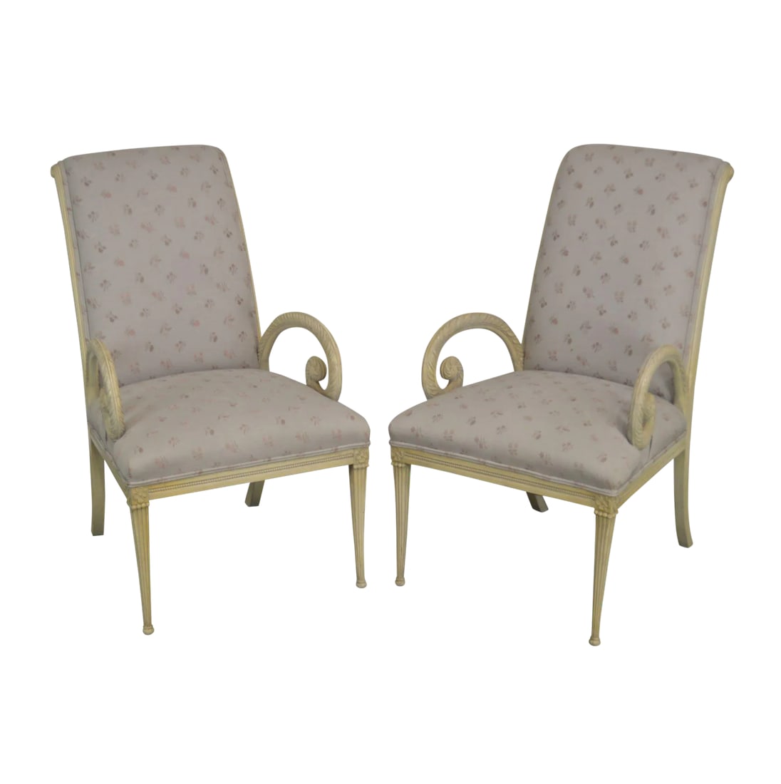 Grosfeld House 1940's Hollywood Regency Carved Armchairs - a Pair: High Quality Custom Painted Pair Carved Scrolled Arm Chairs by Grosfeld House - (Unsigned) Condition: Alterations: Original Condition Unaltered Imperfections: Some Imperfections Condition Notes: