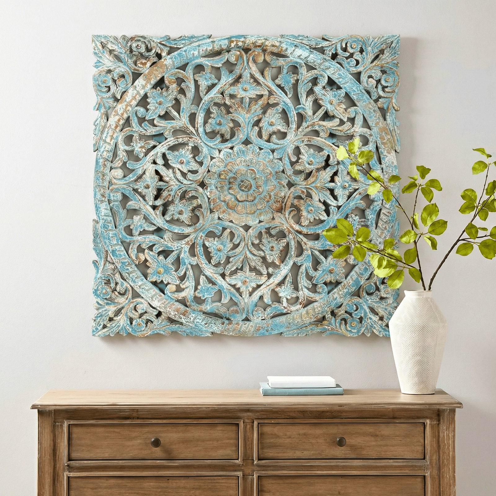 1990s Square Lattice Carved Solid Wood Wall Panel - 2