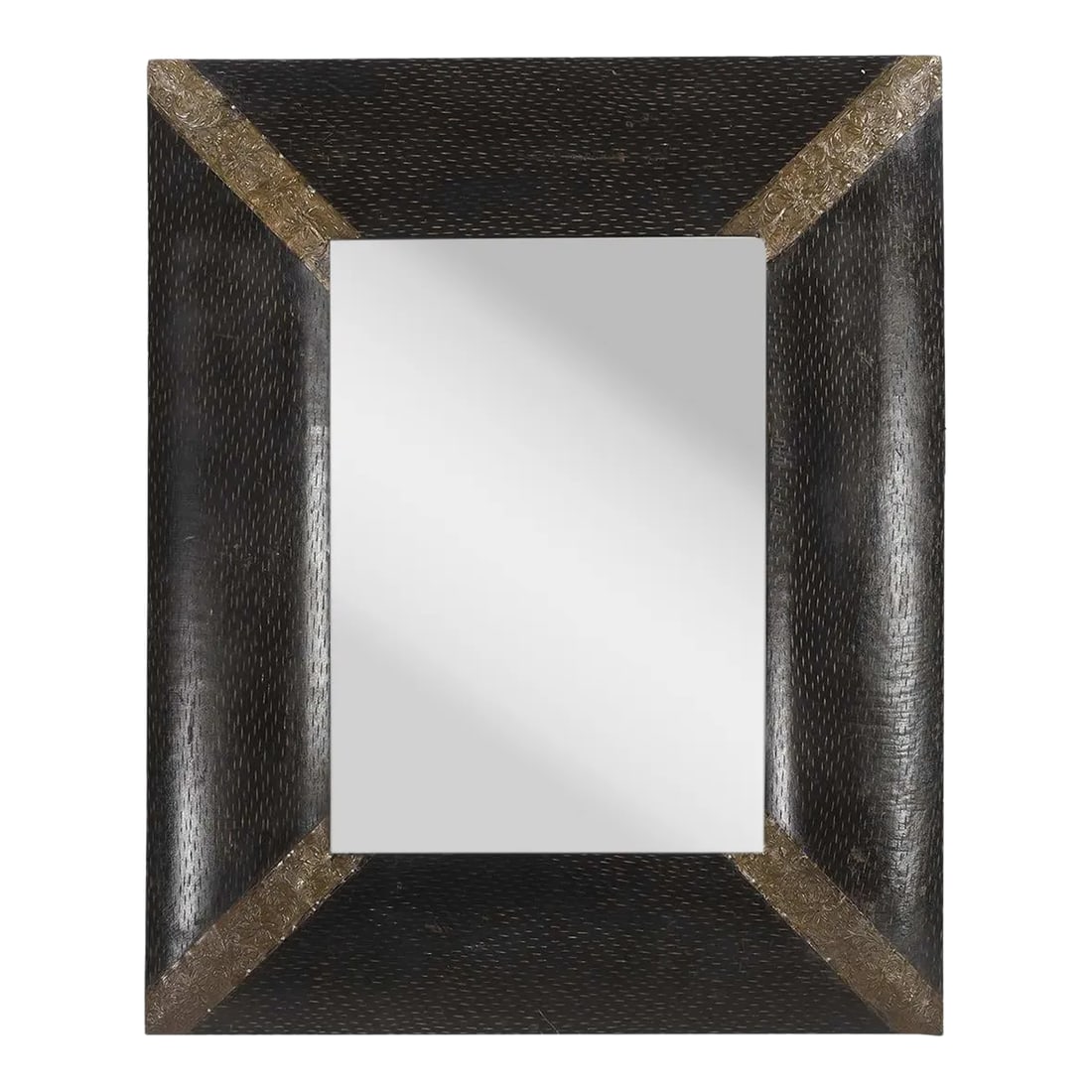 1970s Transitional Solid Wood Vanity Mirror With Brass Foil Accent Corners: Dimensions: 30" W x 2" D x 37" H Features: "• 100% solid wood construction "• Edges accented with hand hammered brass foil "• Hand carved by skilled artisans "• Eclectic