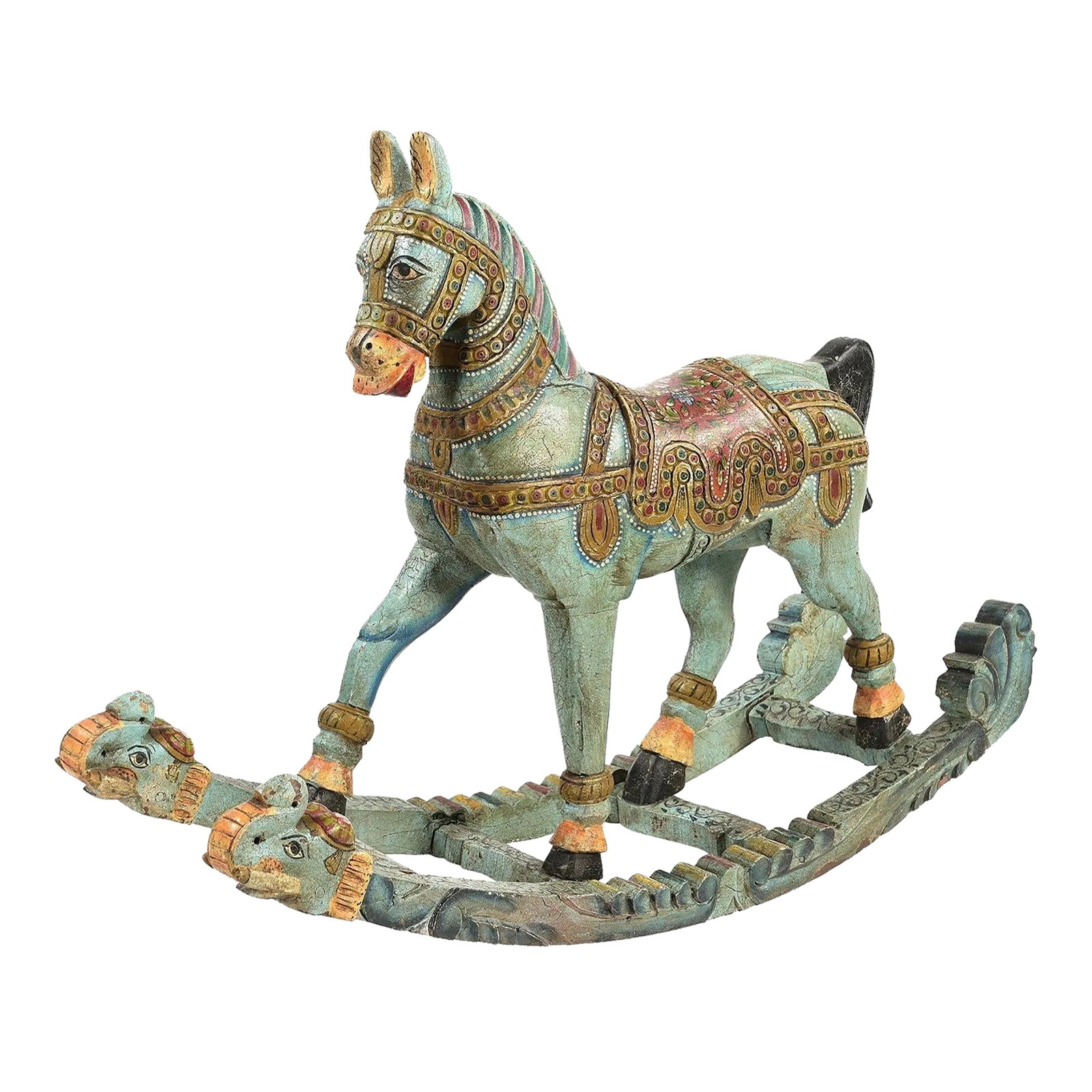Vintage Hand Carved Wooden Artistically Painted Royal Rocking Horse Sculpture: Dimensions: 42" W x13" D x 31" H This vintage rocking horse sculpture is a decoarative piece of art that can enhance a niche or an enrtyway table of your home. This piece is handcrafted by artisans us