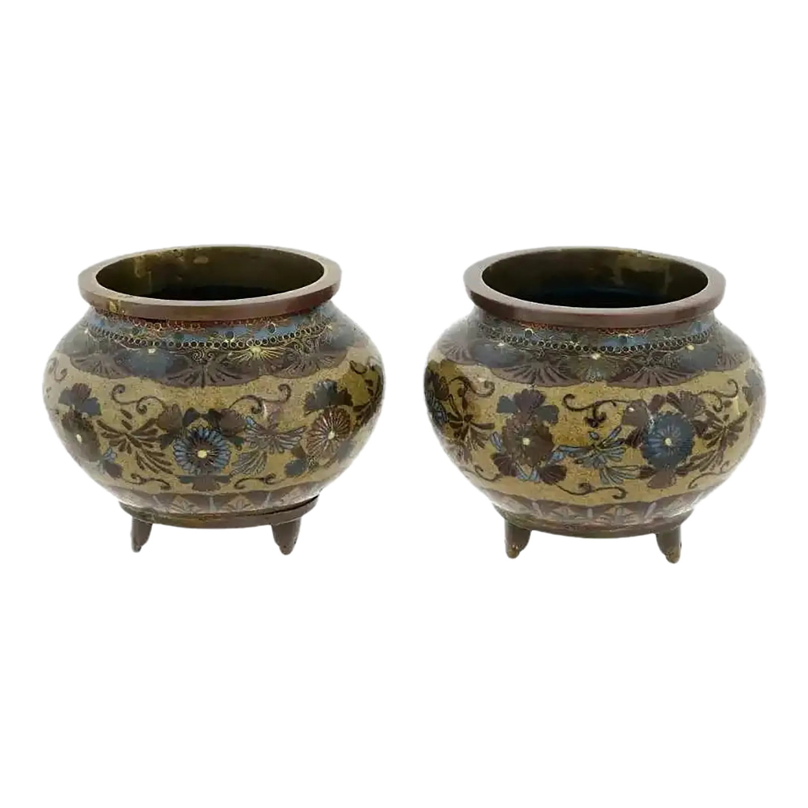 A Pair of Early Japanese Cloisonne Enamel Censors Attributed to Honda Yasaburo: A pair of high quality Japanese early Meiji period bronze and cloisonne enamel planter pots or koro incense burners, each of a globular form with a short flared neck, the exterior is decorated with