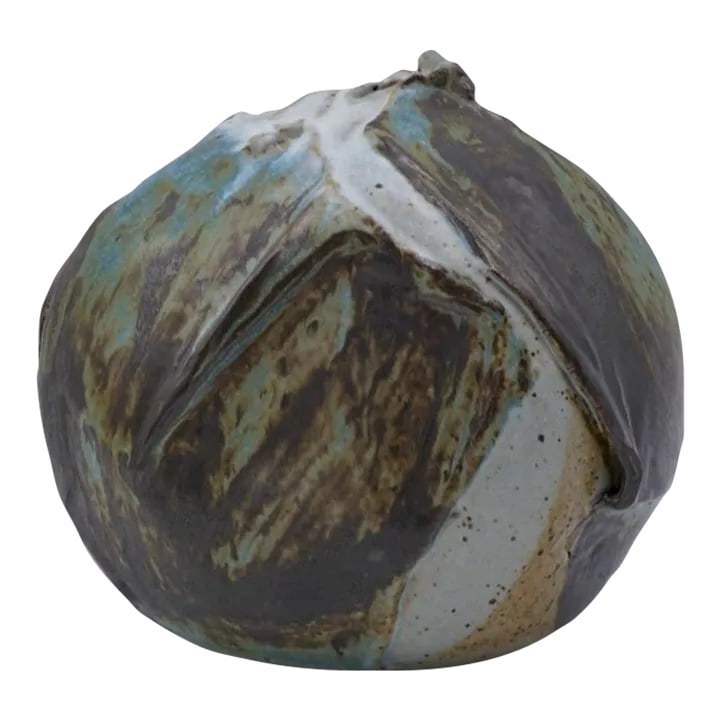 Vintage Joel Edwards Vessel Vase Pottery Sculpture: Vintage mid 20th century pottery vessel by Joel Edwards (1923 - 2007) California. Signed on bottom, brown and gray matte glaze on carved textural surface and three openings you could use as a vase.