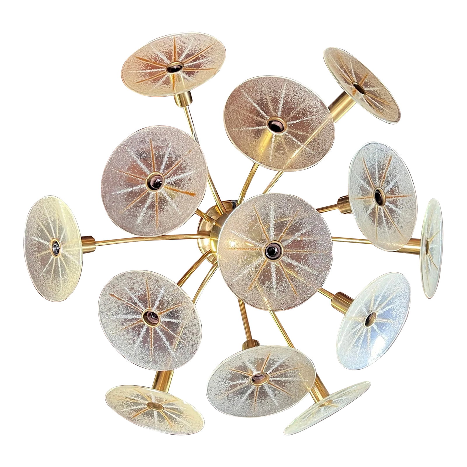 Vintage Mid Century Modern Dandelion Chandelier by Gerald Thurston for Lightolier: Fabulous 1960's mid century modern brass & art glass chandelier, designed by the famed Gerald Thurston for Lightolier! Featuring 13 frosted art glass discs, with applied gold fleck really sparkle when