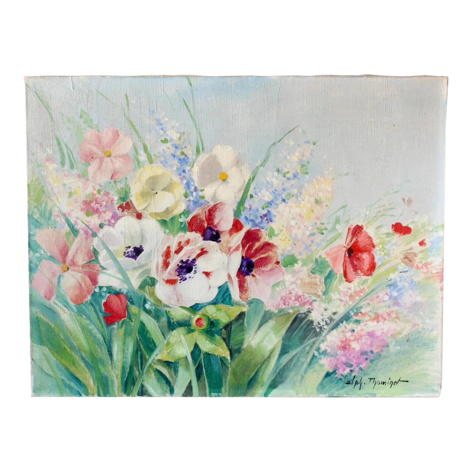 Midcentury French Floral Still Life Painting: This vibrant midcentury French painting features a lush bouquet of colorful flowers, delicately arranged in soft pastels and bold hues. The artist, Alpl. Thominet, captures the beauty and freshness