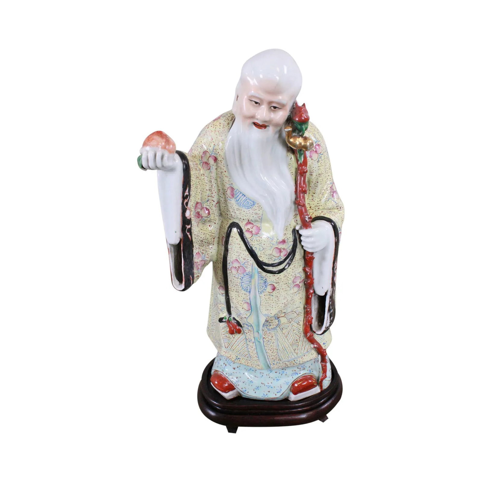 Porcelain Figure Shouxing Chinese God of Longevity Wood Base - 12