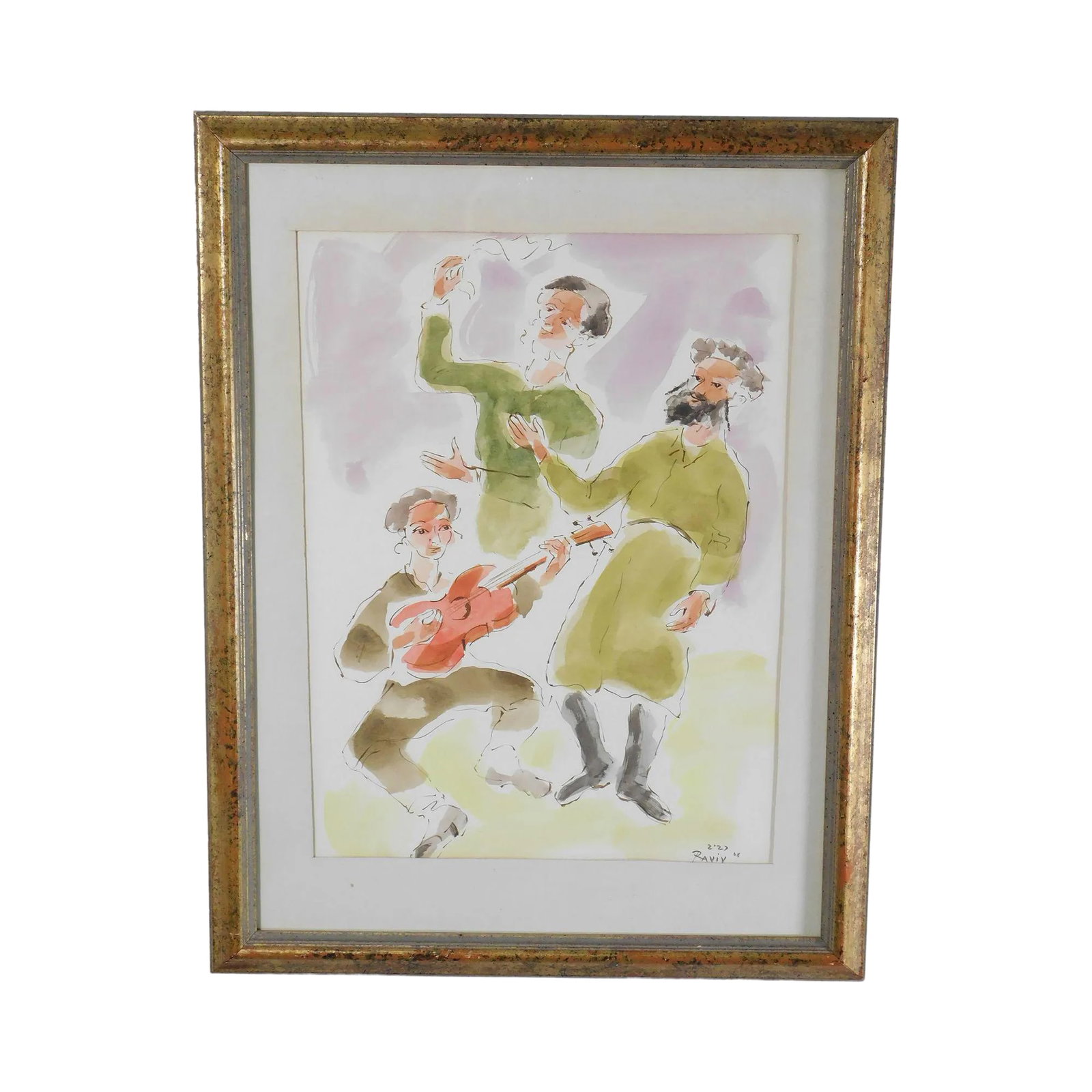 Moshe Raviv "Dancing Hasidim" Original Watercolor on Paper Signed: High Quality Moshe Raviv (AKa Moi Ver) Signed "Raviv 2' 27 68" Custom Frame Condition: Alterations: Original Condition Unaltered Imperfections: Some Imperfections Condition Notes: Clean Vintage