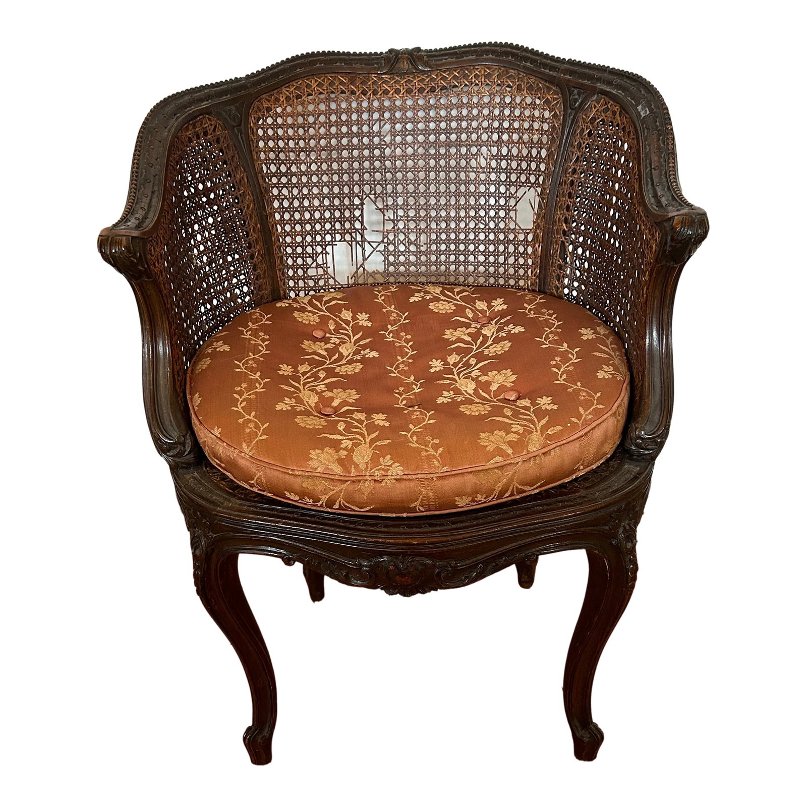 Mid 18th Century Antique Louis XV Armchair: Fabulous little accent chair. Original double caned sides with a dusty rose seat cushion with napoleon bee design. Condition: Alterations: Unknown Imperfections: Needs Restoration Condition Notes: The