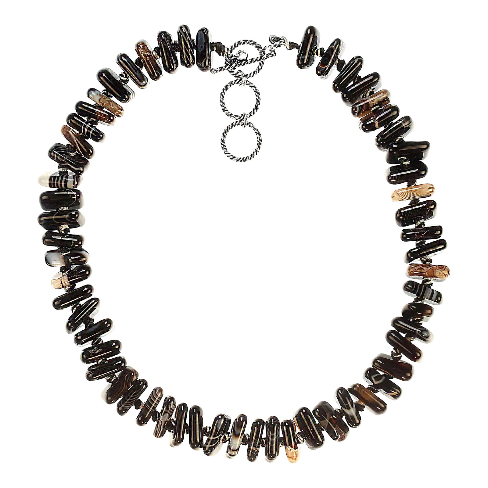 Black Agate Necklace: Expandable Black Agate Necklace – Hand-Knotted Agate Slices with Botswana & Banded Agate Make a bold statement with this expandable black agate necklace, featuring highly polished, center-drille