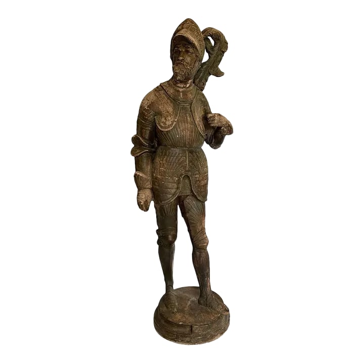 1900s Antique French Terracotta Garden Statue: Bring old world charm into your space with this antique French terracotta garden statue of a knight. The aged patina of this antique sculpture make it a perfect addition to a French Louis XVI