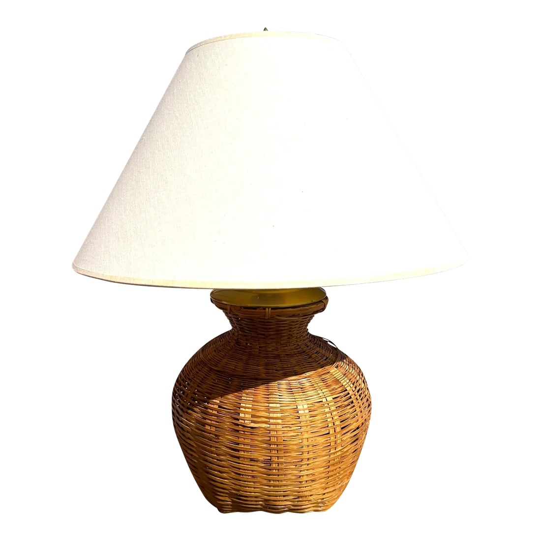 Rustic European Woven Rattan Table Lamp: Vintage 70's Hand Woven Rattan/Split Bamboo Table Lamp with Brass Lid and Cream Shade. Great for a Coastal Home or Rustic European. Source from the same Celebrity Estate Sale in Rancho Mirage Ca.