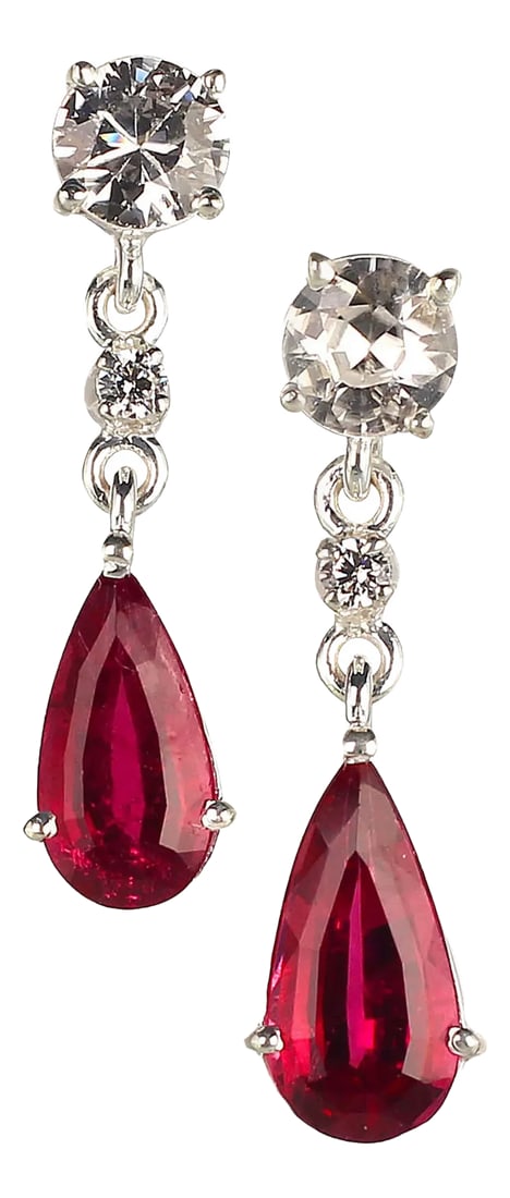Rubelite and Genuine Zircon Dangle Earrings - 2 Pieces: Stunning Rubelite Dangle Earrings with Sparkling Cambodian Zircons Add a touch of sophistication and elegance with these long, teardrop-shaped rubelite dangle earrings, perfect for making a