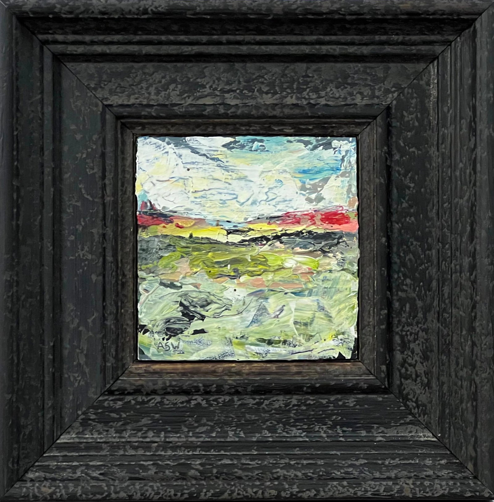 Impasto Abstract Seascape Landscape Miniature Study - Unique Original Art by Contemporary British Ar: Impasto Abstract Seascape Landscape Miniature Study by Contemporary British Artist Angela Wakefield Art measures 5 x 5 inches Frame measures 11 x 11 inches Framed in a high quality off-black moulding