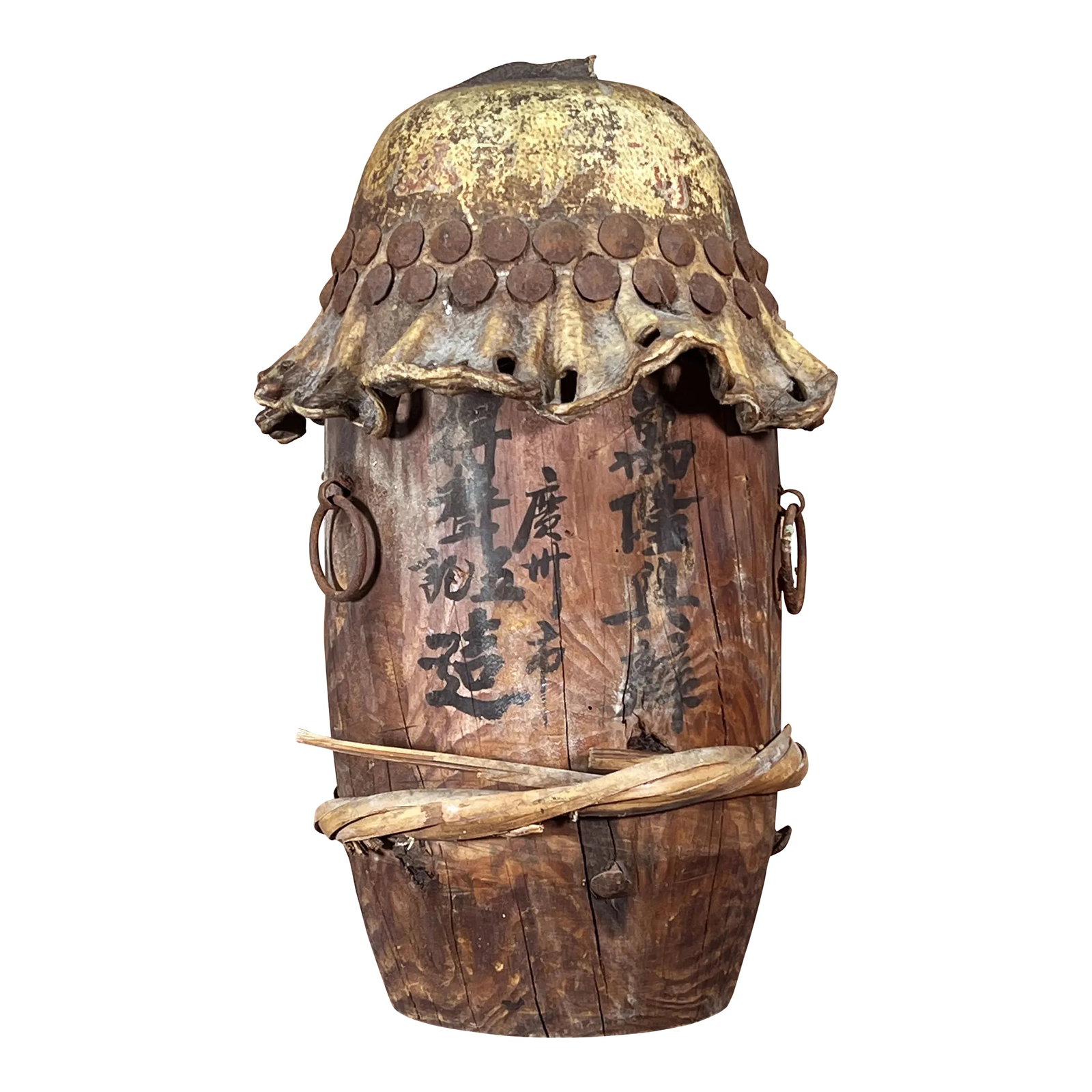 Antique 19th C. Chinese Cantonese Percussion Opera Drum: Fabulous antique late 19th century Chinese percussion opera drum from the Canton/Guangzhou region of China! This is a wonderful piece, made of solid wood, stretched animal leather and bamboo. As you