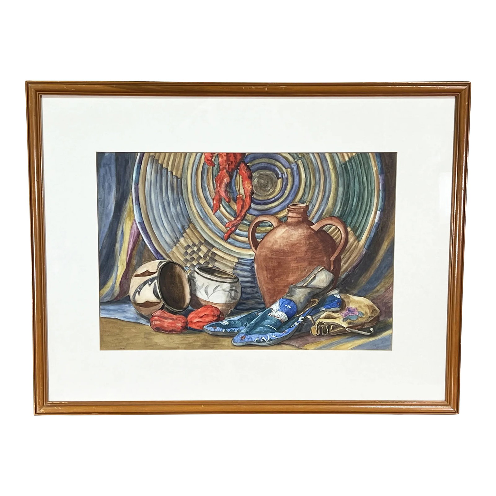 Antique C.1933 Southwestern American Still Life Watercolor Painting Signed Connell: Beautiful antique watercolor still life, with wonderful colors and southwestern items. It is dated 1933 and signed Connell, likely from the New Mexico or Arizona region. It is in very good vintage