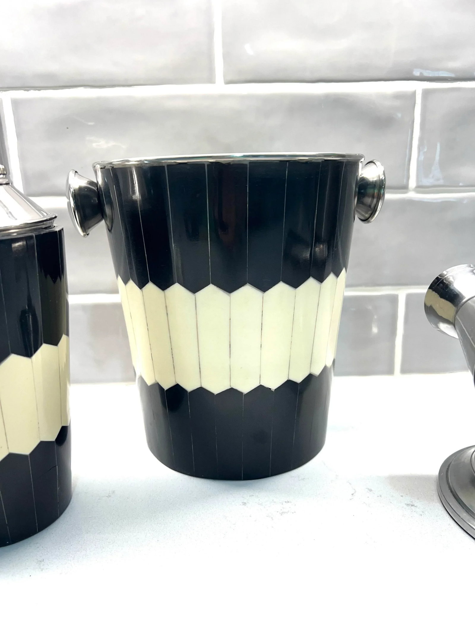 Black & White Bone Inlay Bar Set With Ice Bucket, Cocktail Shaker and Tool Set - 4