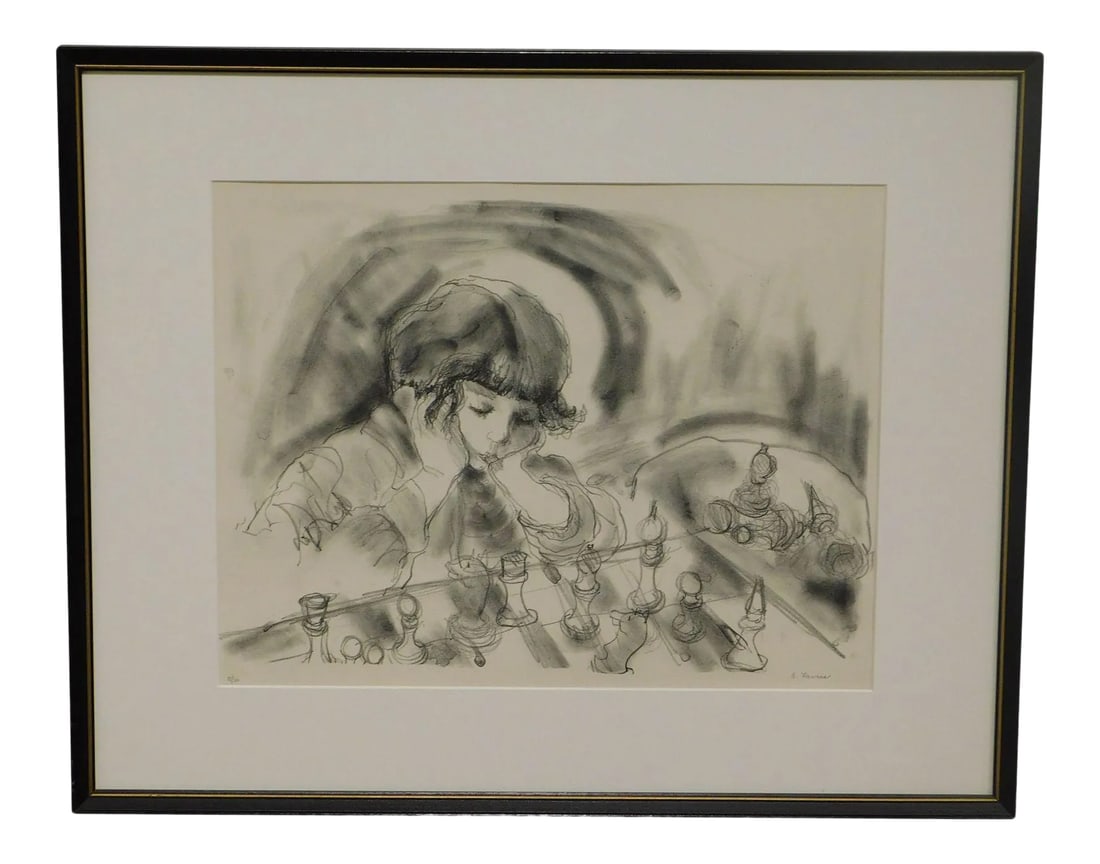 Evelyn Favus Lithograph, Child Playing Chess Signed & Numbered in Pencil 15/20: High Quality Black & White Limited Edition Lithograph of Child Contemplating Chess Board Custom Frame Condition: Alterations: Original Condition Unaltered Imperfections: Some Imperfections Condition N