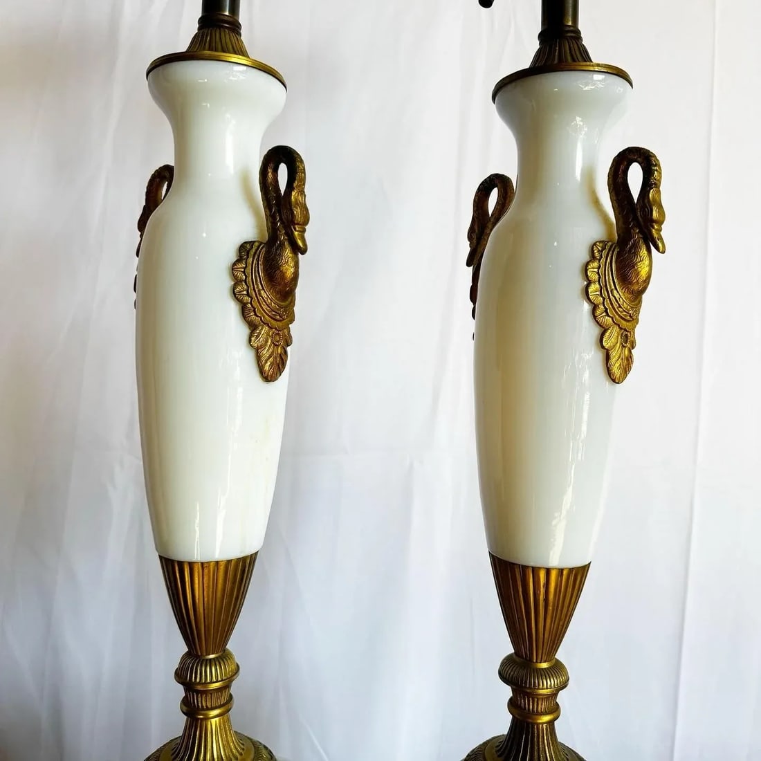 Antique French Opaline White Glass and Gold Lamps - a Pair - 12