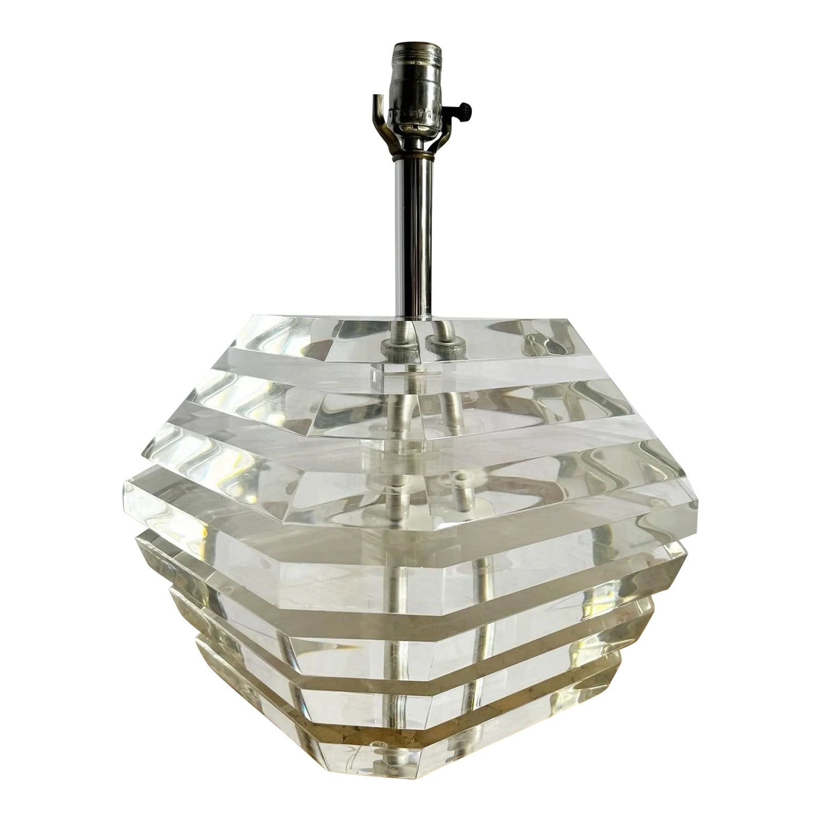 Postmodern Chunky Stacked Lucite Table Lamp: Add a bold statement to your space with this Postmodern chunky stacked Lucite table lamp. Featuring a layered, geometric design, this lamp exudes sophistication and modern flair. Its crystal-clear