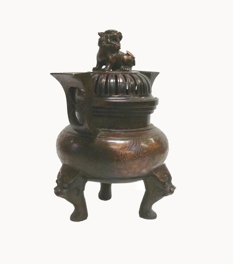 Chinese Bronze Foo Dogs Graphic Incense Burner - 2