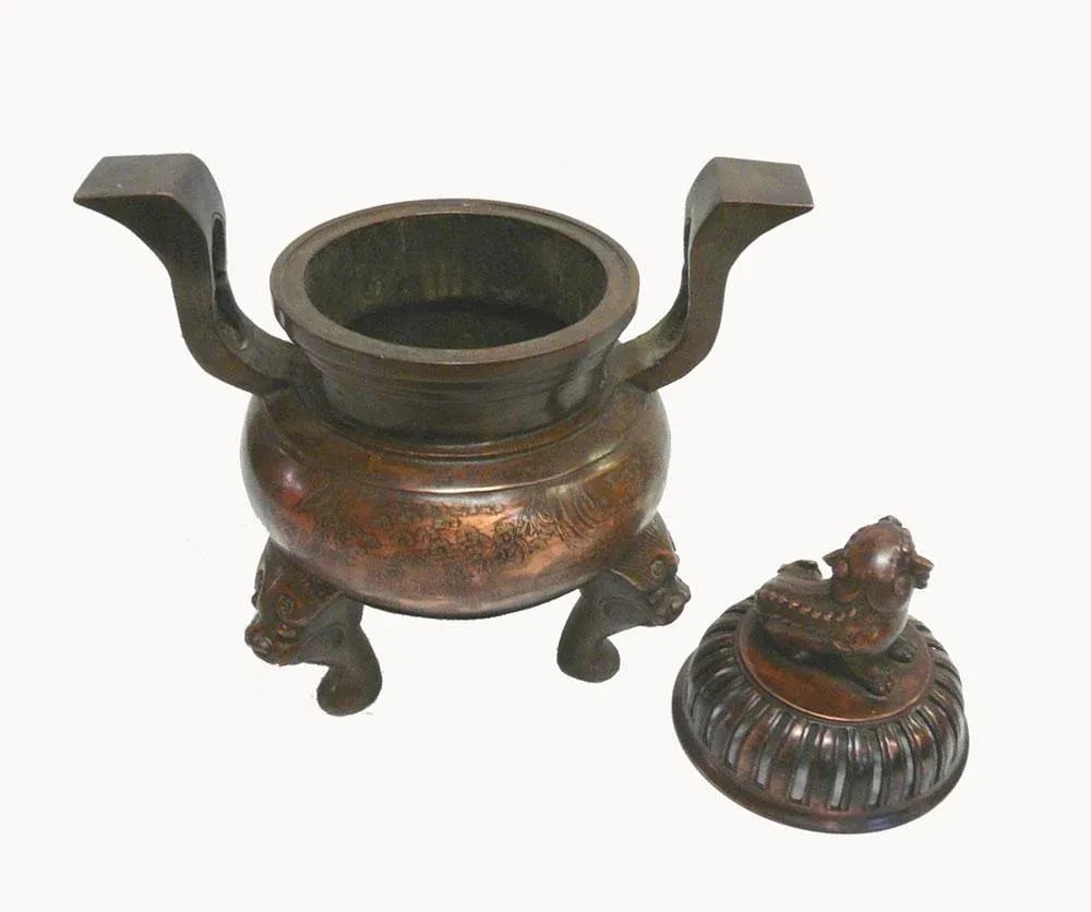 Chinese Bronze Foo Dogs Graphic Incense Burner - 3