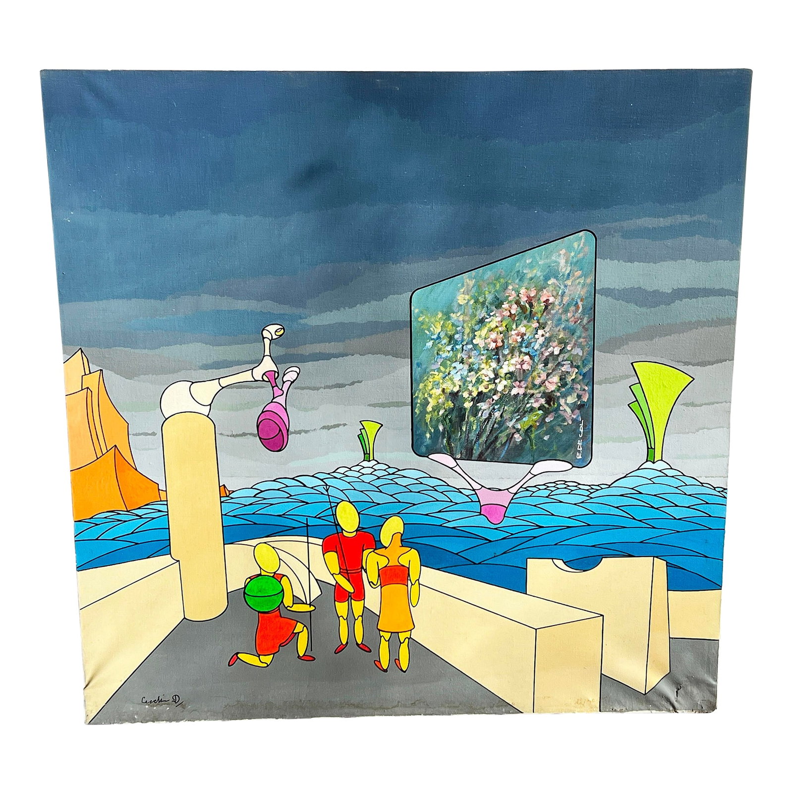 Vintage Italian Futuristic Surrealist Painting "Il Giardino-Degli Eletti" by Diego Cecchin (1987): This striking 1987 painting by Milanese artist Diego Cecchin blends surrealism with futuristic elements in a vibrant, dreamlike scene. Titled "Il Giardino-Degli Eletti" (The Garden of the Chosen Ones)