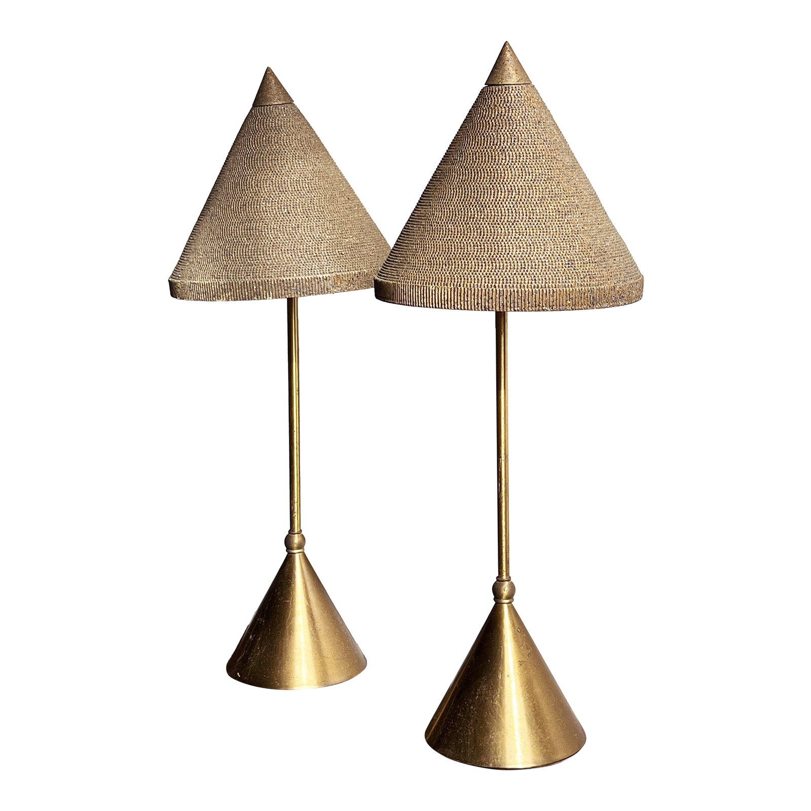 Flute of Chicago Brass Table Lamps With Conical Corrugated Cardboard Shades - a Pair: This striking pair of mid-century modern brass table lamps, by Flute of Chicago, features a sleek conical base, slender brass stem, and distinctive textured corrugated cardboard shades in a warm, natu